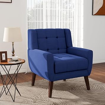 Pia Ricco Mid Century Modern Accent Chair, Button Tufted Upholstered Armchair with Arms - Comfortable Living Room, Bedroom & Home Office Sofa Chair, Compact Size, 300 lbs Capacity, Blue