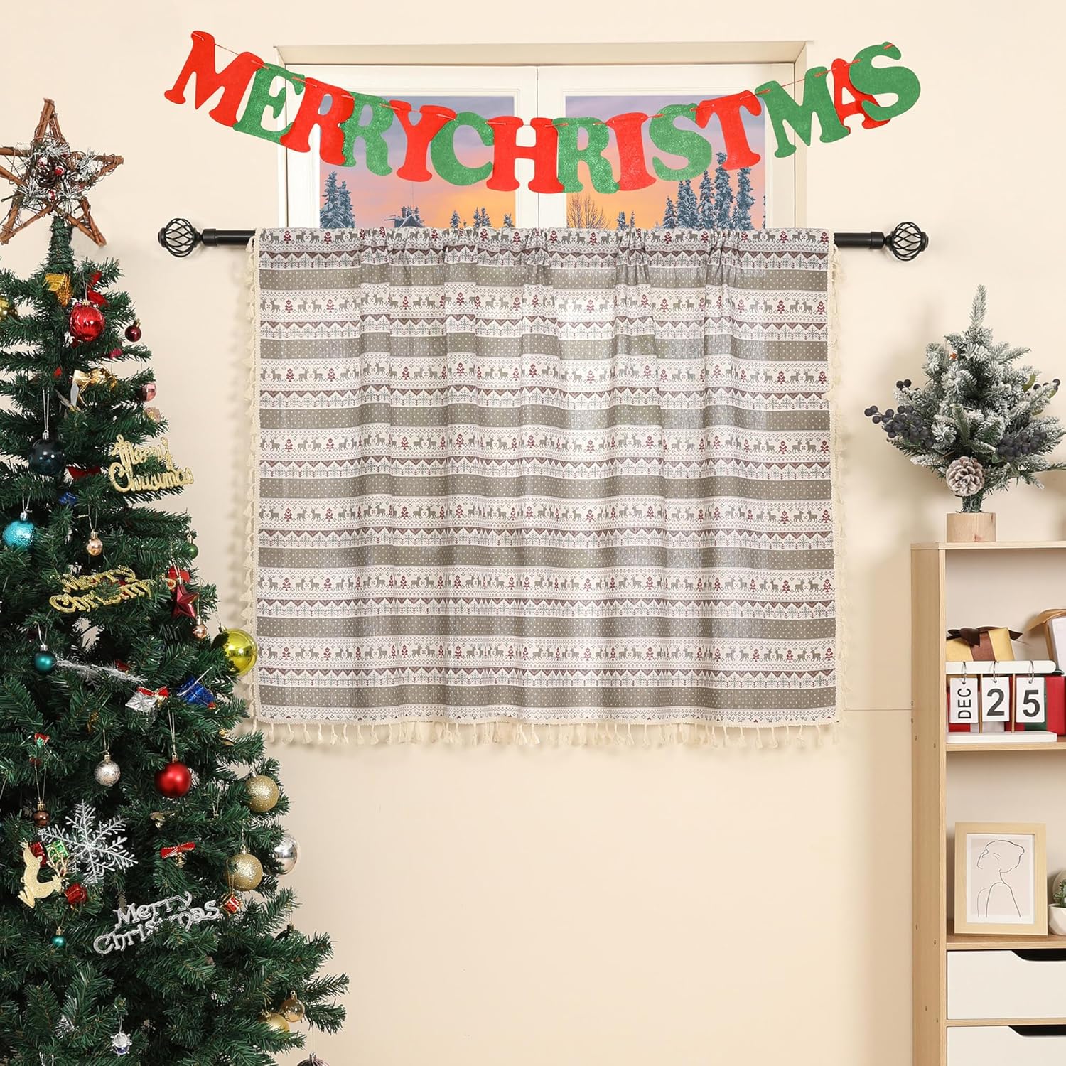 Vintage Xmas Grey Deer Printed Small Holiday Kitchen Cafe Window Tiers Curtains with Tassels Rod Pocket Light Filtering Boho Geometric Short Window Treatment, One Piece, 54 x 48 Inch