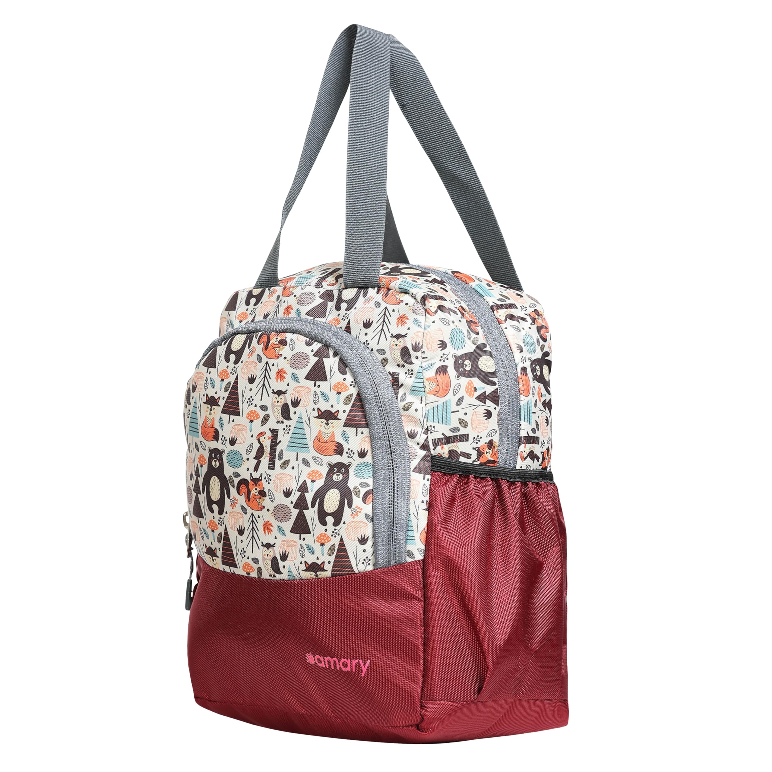 AMARY Lunch Bag Birds Bear Maroon | Water-Repellent Durable Fabric | Tiffin Bag with Bottle Holder & Front Pocket | Strong Zipper & Spacious Meal Storage (Birds and Bear Pattern, Maroon)-image-25