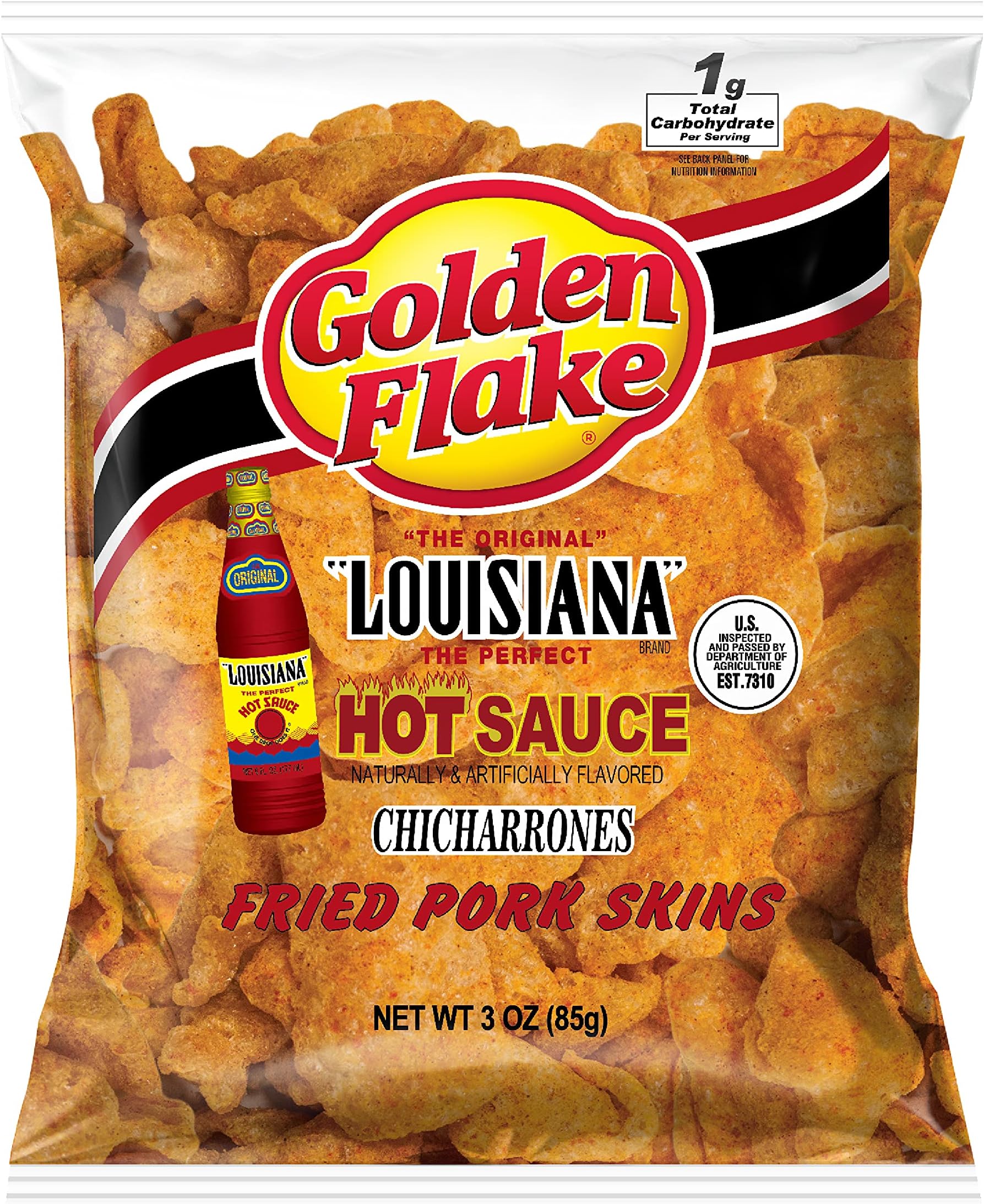 Golden Flake Pork Rinds, Louisiana Hot Sauce - Keto Friendly Snack with Low Carbs per Serving, Light and Airy Pork Skins Seasoned with our Original Louisiana Hot Sauce , 3 Ounce - Pack of 16
