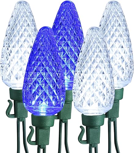Brizled Guirnalda de luces azules y blancas, 33 pies, 50 luces LED facetadas C9 para exteriores, luces de árbol de Navidad conectables, luces de