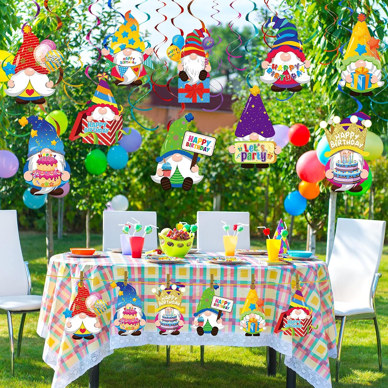 Nezyo 30 Pieces Gnome Birthday Party Decorations Happy Birthday Swirls Decorations Gnomes Hanging Swirls Ceiling Streamers for Party Decor Supplies Ornaments, 10 Patterns