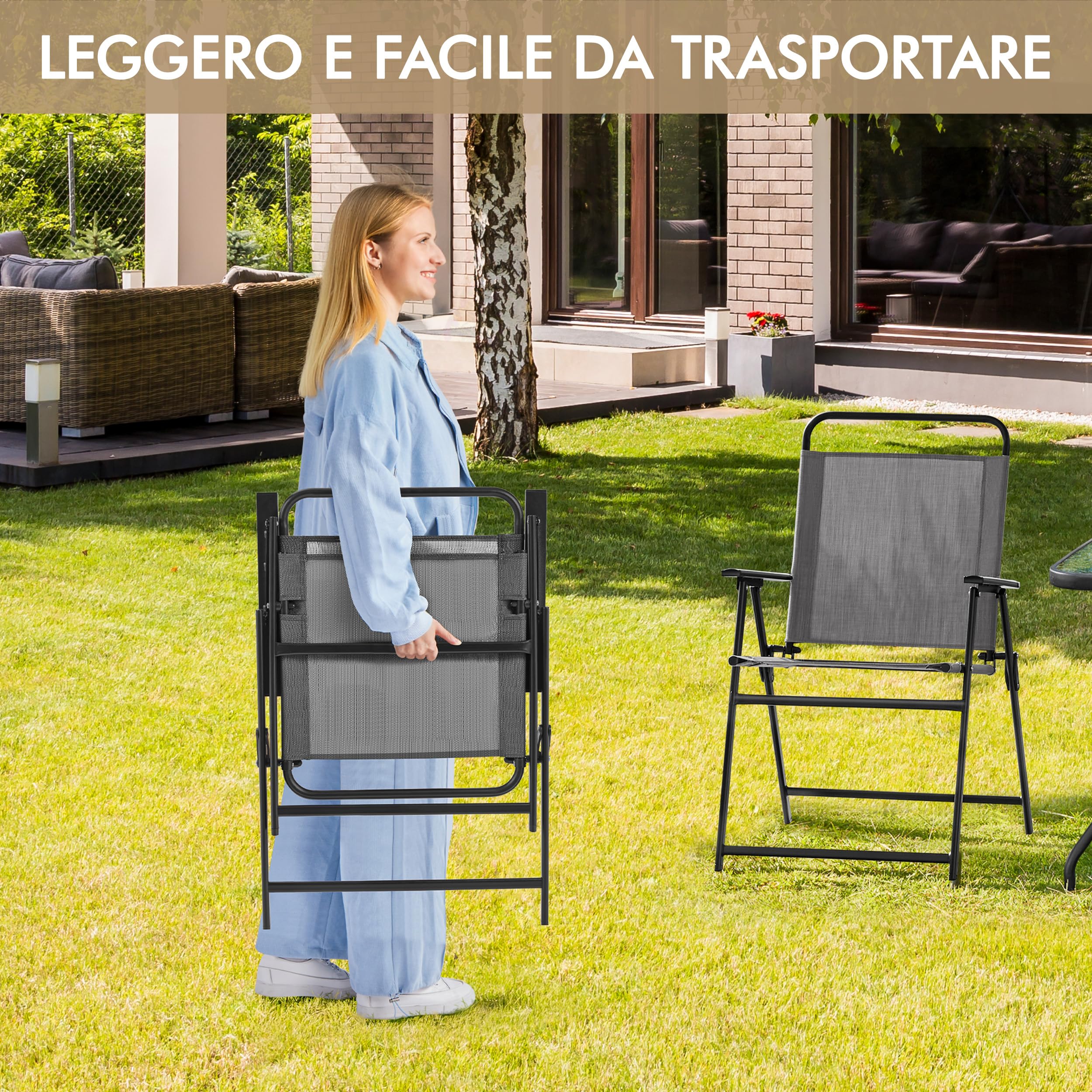 Yaheetech Set 2 Sedia da Giardino Pieghevole da Esterno Campeggio con Braccioli Telaio in Metallo e Seduta in Tessuto da Balcone Portata 100 kg Grigio