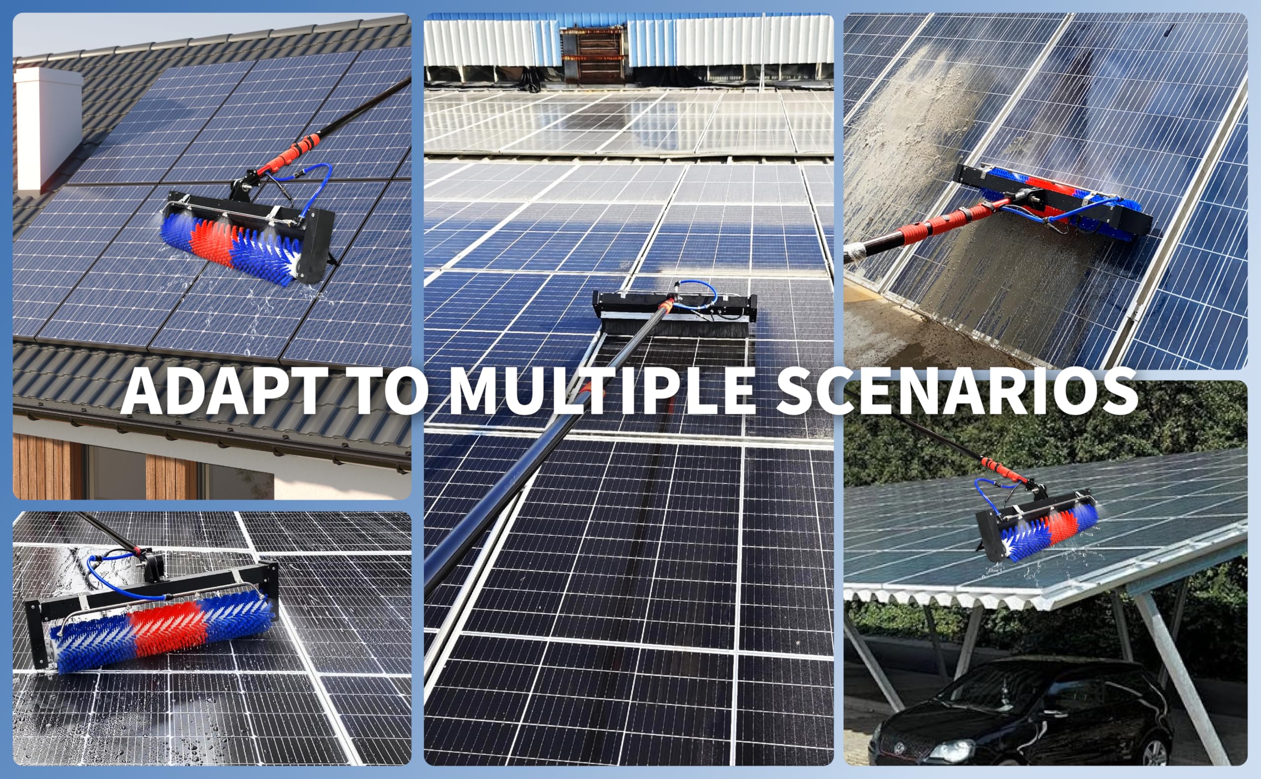 Cepillo Rodillo de Limpieza de Paneles Solares, 24 FT Kit de Poste Alimentado por Agua, Kit de Limpieza de Ventanas para Exteriores Ajustable, con batería de Litio ASIN B0D48LP1P1