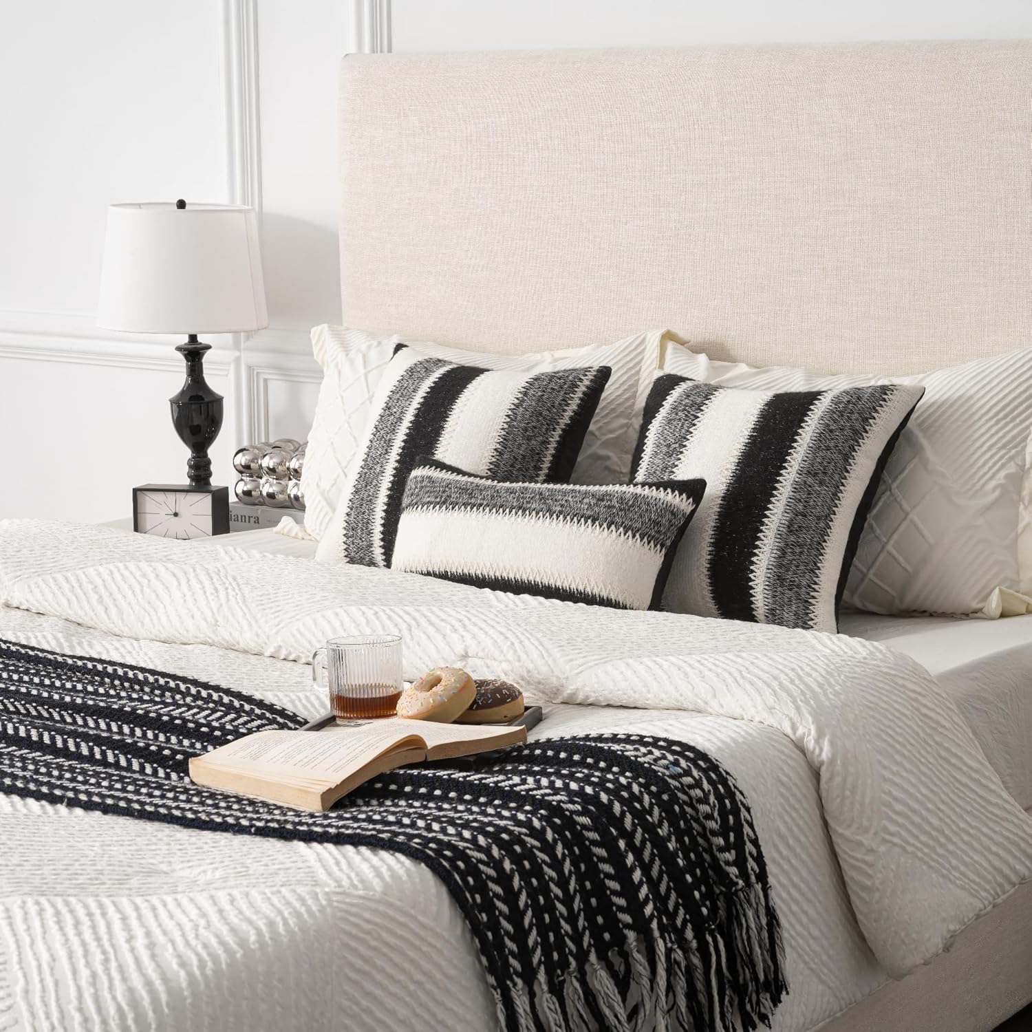 Set of 2 Out/Indoor 20x20 in Black&White&Gray Soft Stripes Wool Farmhouse Decorative Throw Pillow Cover Boho Accent Neutral Textured Cushion Pillow Case for Living Room Couch Bed Sofa