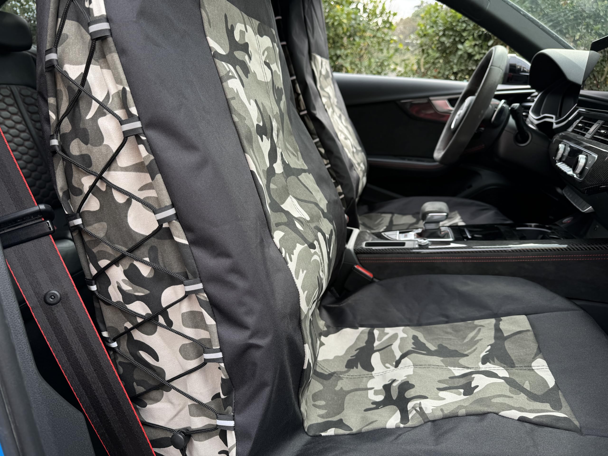 Coprisedili tattici per auto, camion, SUV, furgoni, universali, in tela, multitasche, organizer antipioggia, coppia di coprisedili anteriori (mimetico militare) nero