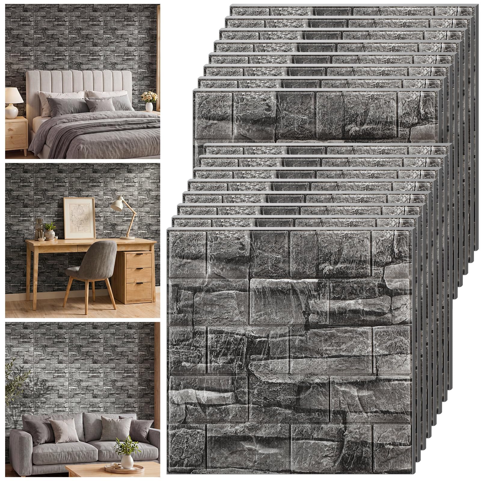 Tinlade 45 Pcs 3D Wall Panels Peel and Stick Wallpaper Foam, Grey Stone