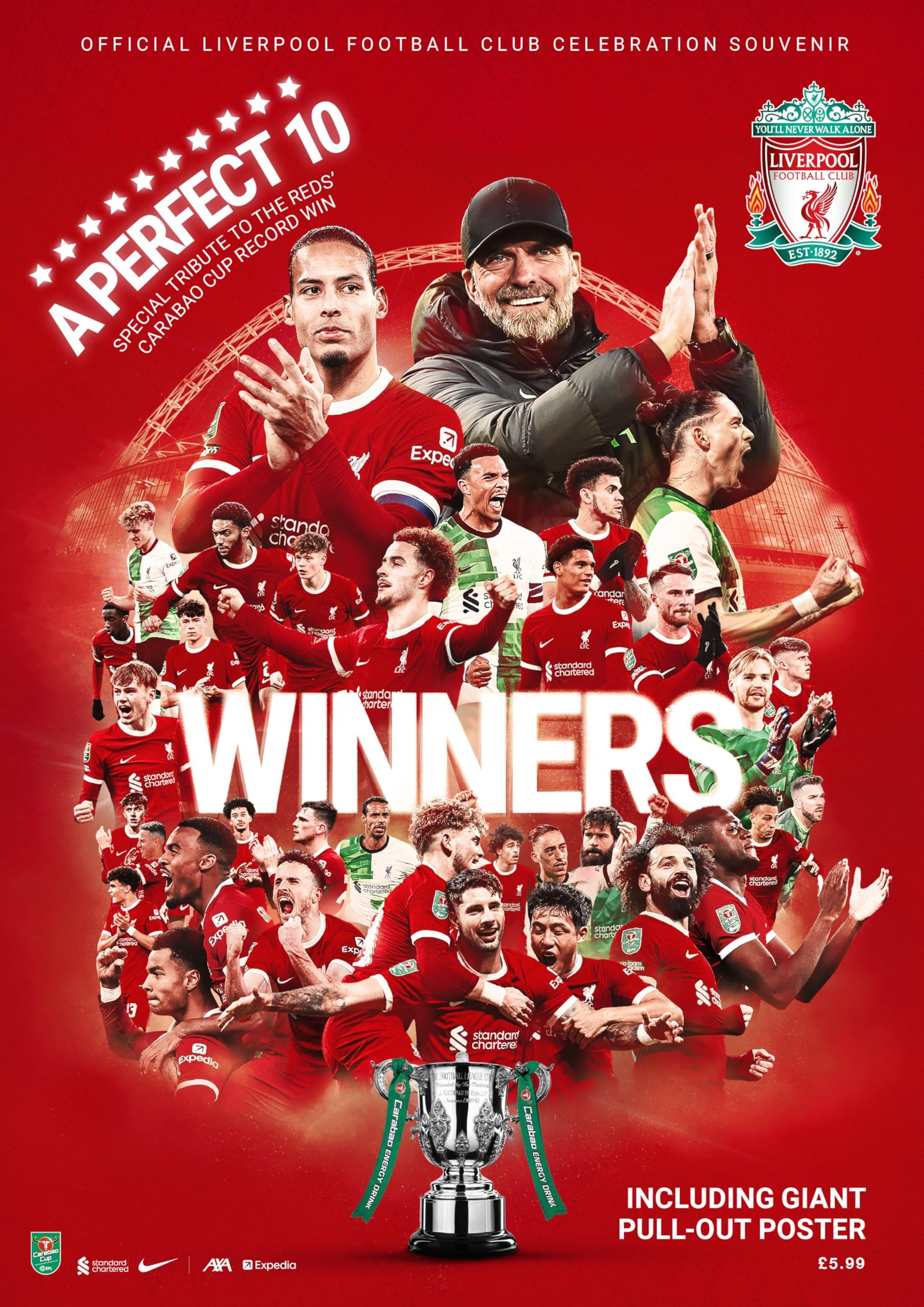 A Perfect 10 - Liverpool FC Carabao Cup 2024 Winners magazine with poster