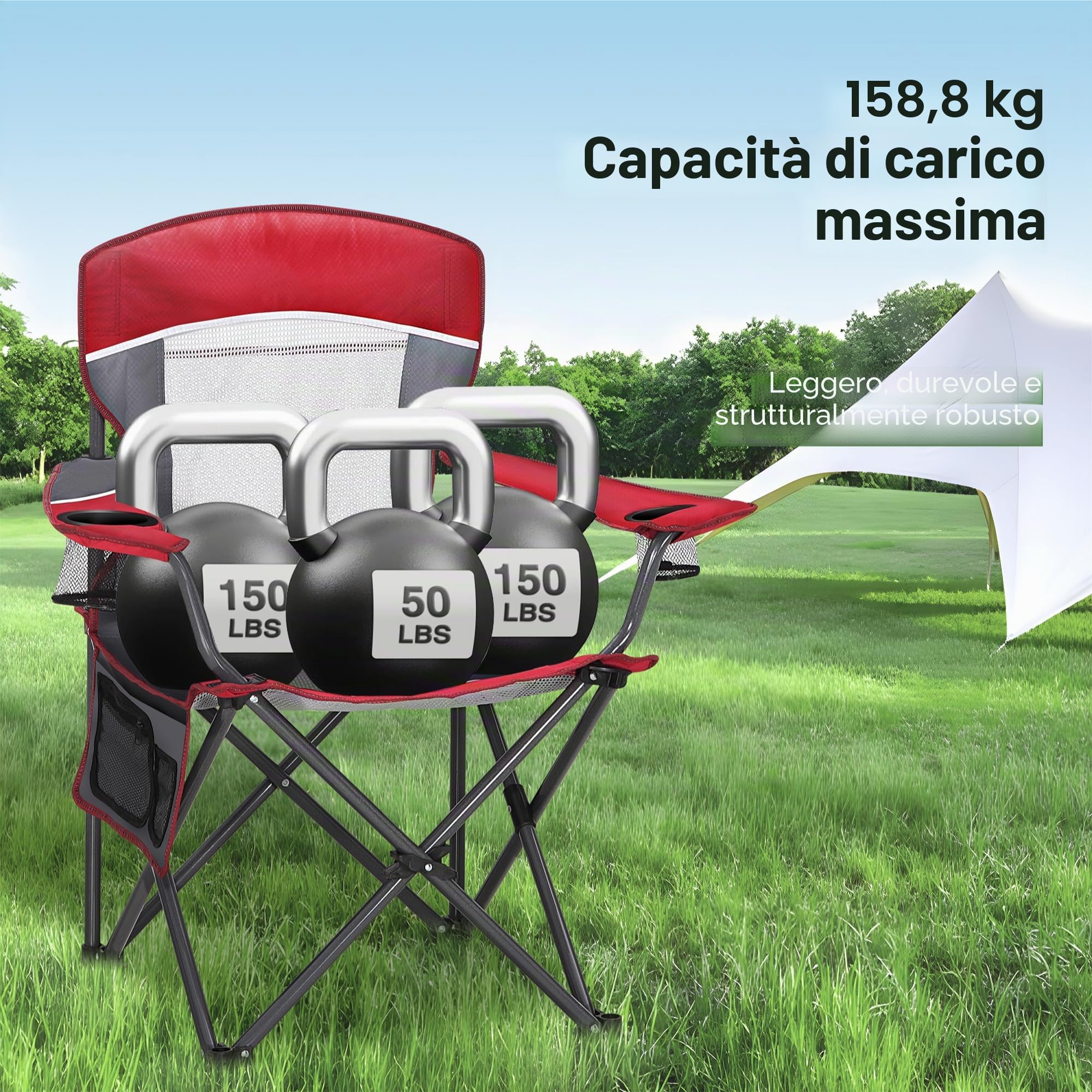 HIGH POINT SPORTS Sedia Pieghevole da Campeggio con Schienale in Rete Rosso Sedie Pieghevoli da Esterno Sedia da Campeggio Sedia da Pesca 160KG