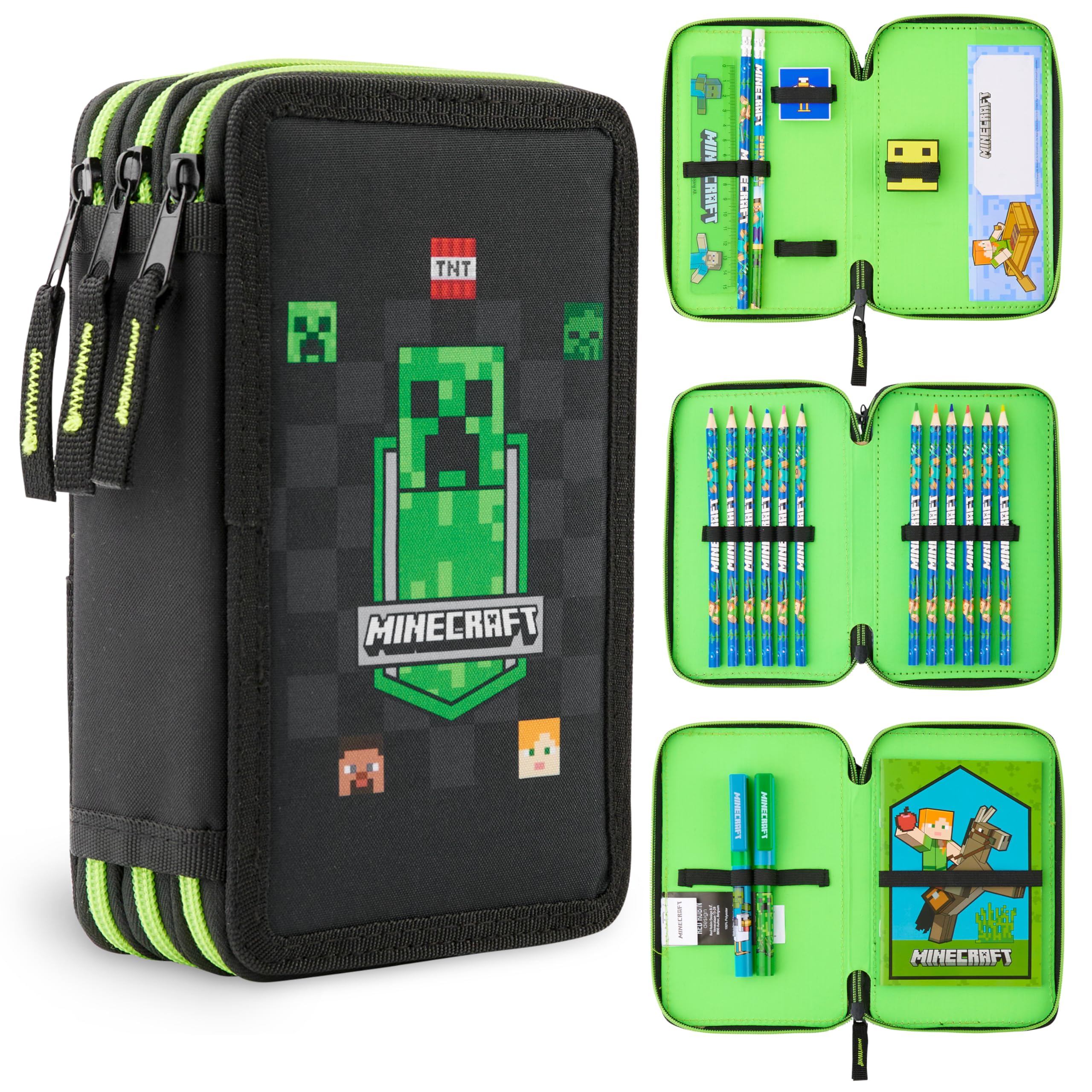 Minecraft Pencil Case for Kids School Supplies Filled Large Pencil Case Multiple Compartments Pencil Set Colouring Pencils for Children Boys Stationery Set Gifts