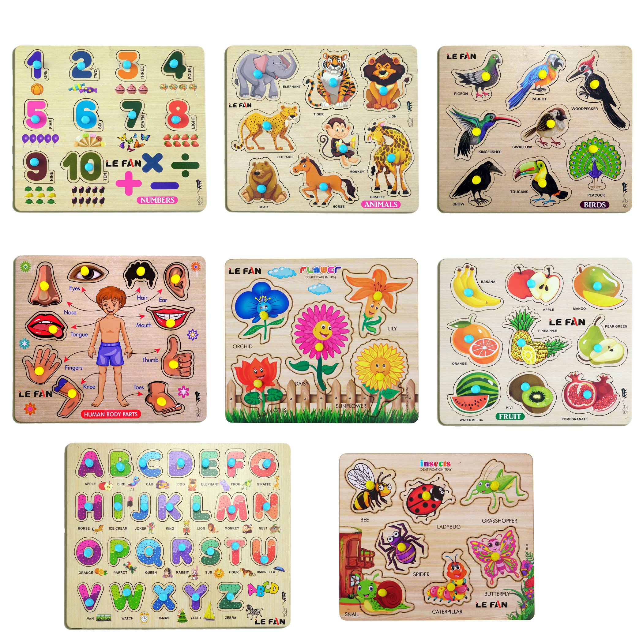 Lefan® Kids Fort Pre Nursery Educational Jigsaw Puzzles for Adults Kids Learning Toys Kit Board Game 8 pcs Set of Number Animal Flower Alphabet Fruit Monument Educational Toy