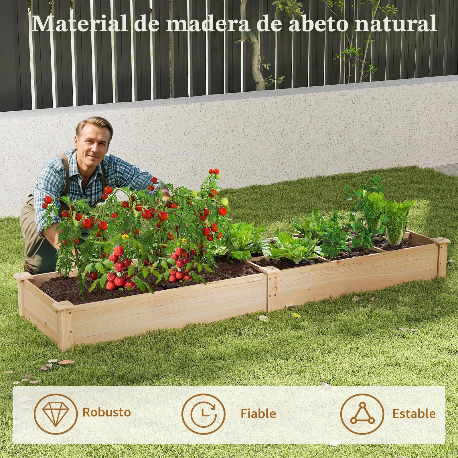 HOMASIS Huerto de Madera Elevado Cuadrado, Jardinera Exterior con 2 contenedores y separadores para Flores, Verduras, Frutas, Hierbas aromáticas para terraza, balcón, 228x62x25cm, Natural