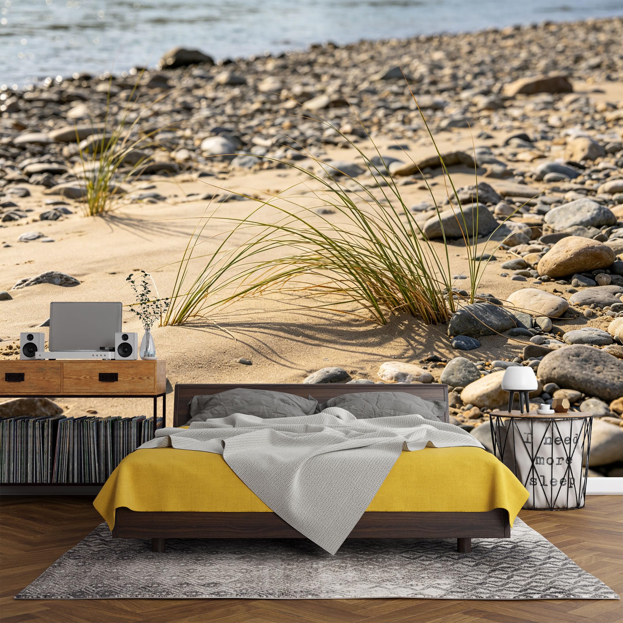 Custom Size Wall Mural， Coastal Beach Dune Grasses Pebble Shoreline Ocean Breeze，SelfAdhesive Art Prints wall Fabric (No PVC) Removable Wallpaper Living Room Decor