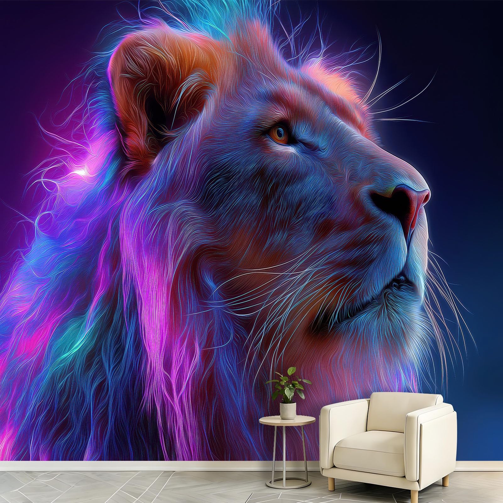 Générique Fantazyjna panoramiczna tapeta neonowa z efektem świetlnym 200 x 140 cm, tapeta z włókniny z motywem lwa, grzywa - fototapeta do salonu, sypialni i biura, dekoracja ścienna druk HD