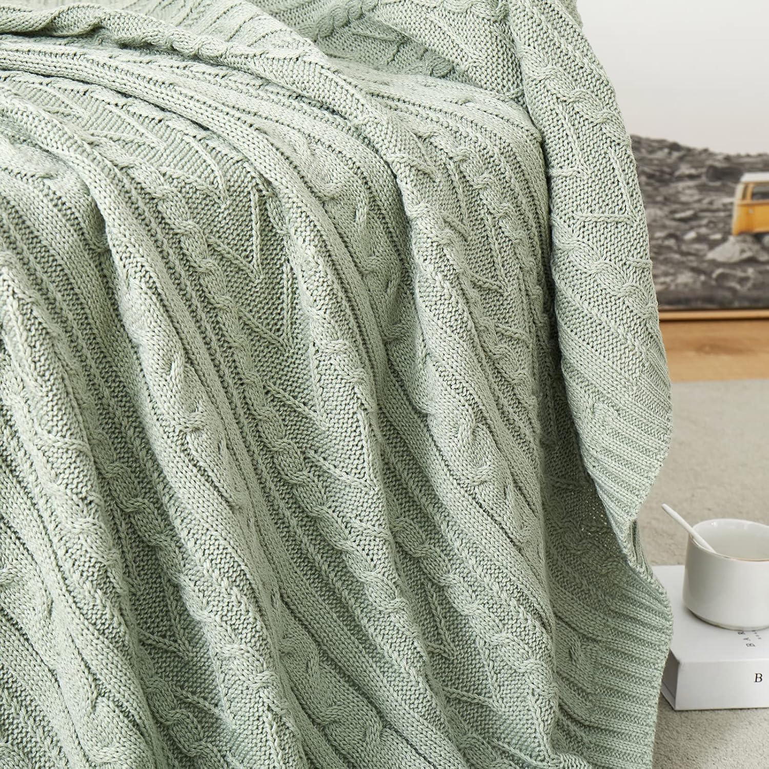Aormenzy Sage Green Cable Knit Throw Blanket Queen Size for Bed Couch Sofa, Super Soft Cozy Knitted Blanket 90" x 90" Bed Blankets Full Size - Image 4