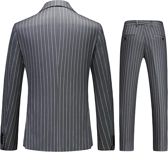 MOGU Mens 3 Piece Pinstripe Suit Slim Fit Double Vents Tuxedo Jacket Vest & Pants Casual Dress Set