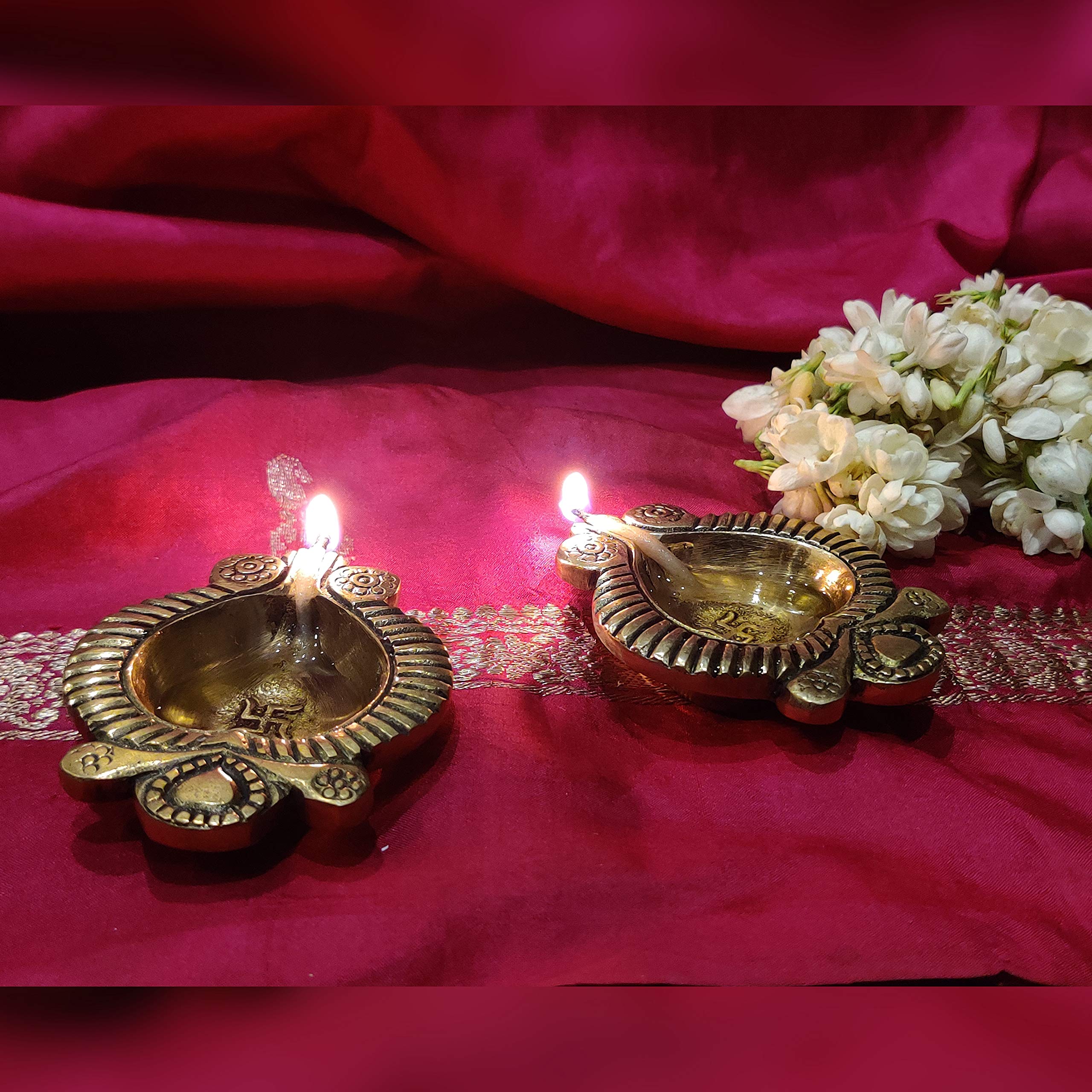 Divya Mantra Swastik Laxmi Brass Diya Indian Diwali Oil Lamp Pooja Light Puja Decorations Mandir Decoration Items Handmade Table Home Backdrop Decor Lamps Made in India Decorative Diyas - Gold (4) - Image 3 thumbnail