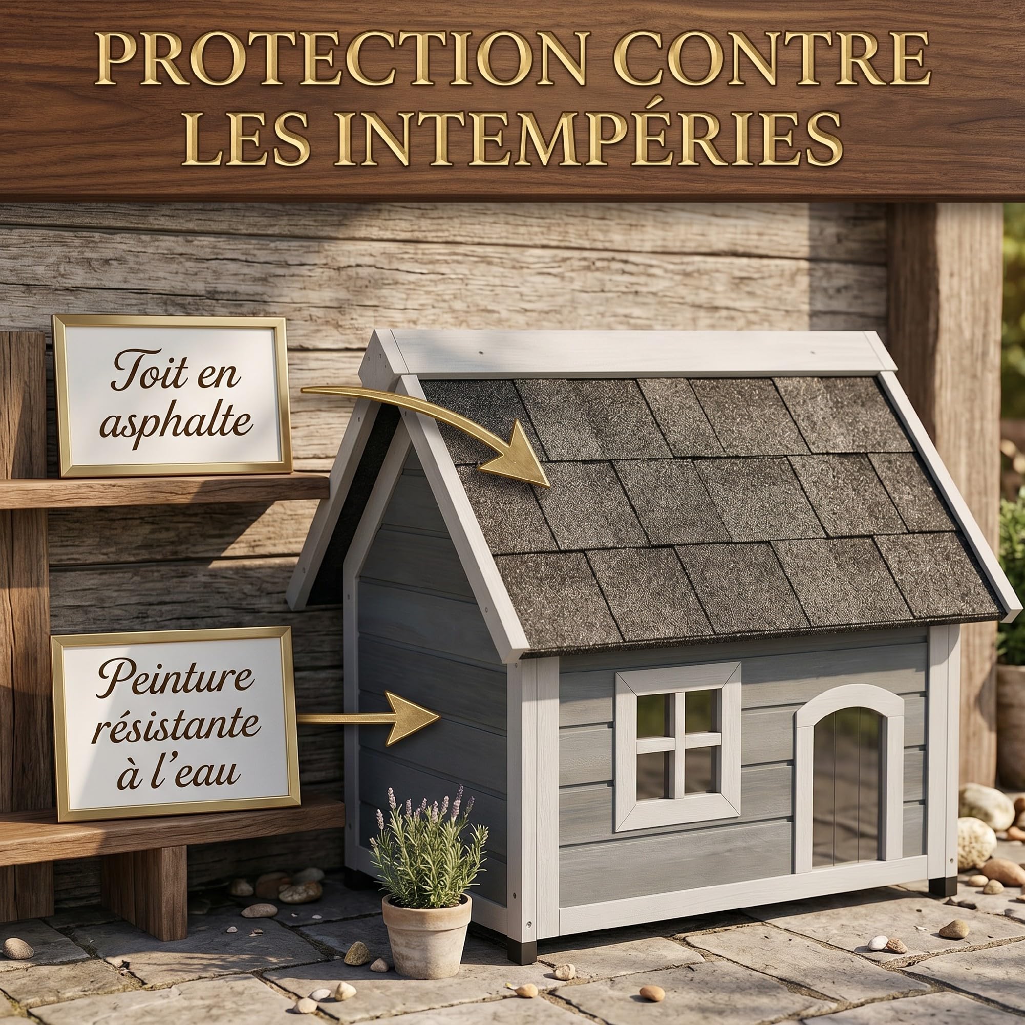 PawHut Maison pour Chat en Bois Porte à Lamelles 77 x 57,5 x 68 cm Gris | Niche pour Chat, Toit Ouvrable Bitumé, 3 Portes, Fenêtre en Plexiglas, Pieds en Plastique, Extérieur