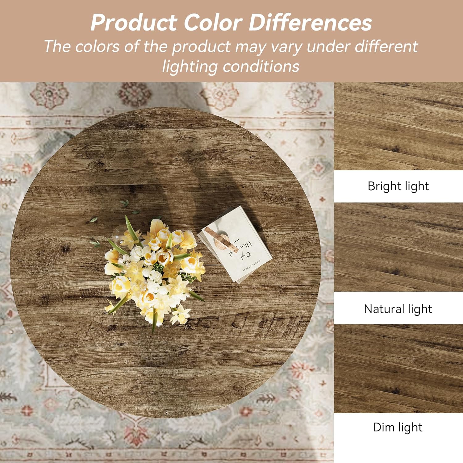 Round Coffee Table, 35.5-Inch Modern Engineered Wood Center Coffee Tables for Living Room, Home Office Wooden Farmhouse Rustic Cocktail Tea Accent Table,Walnut