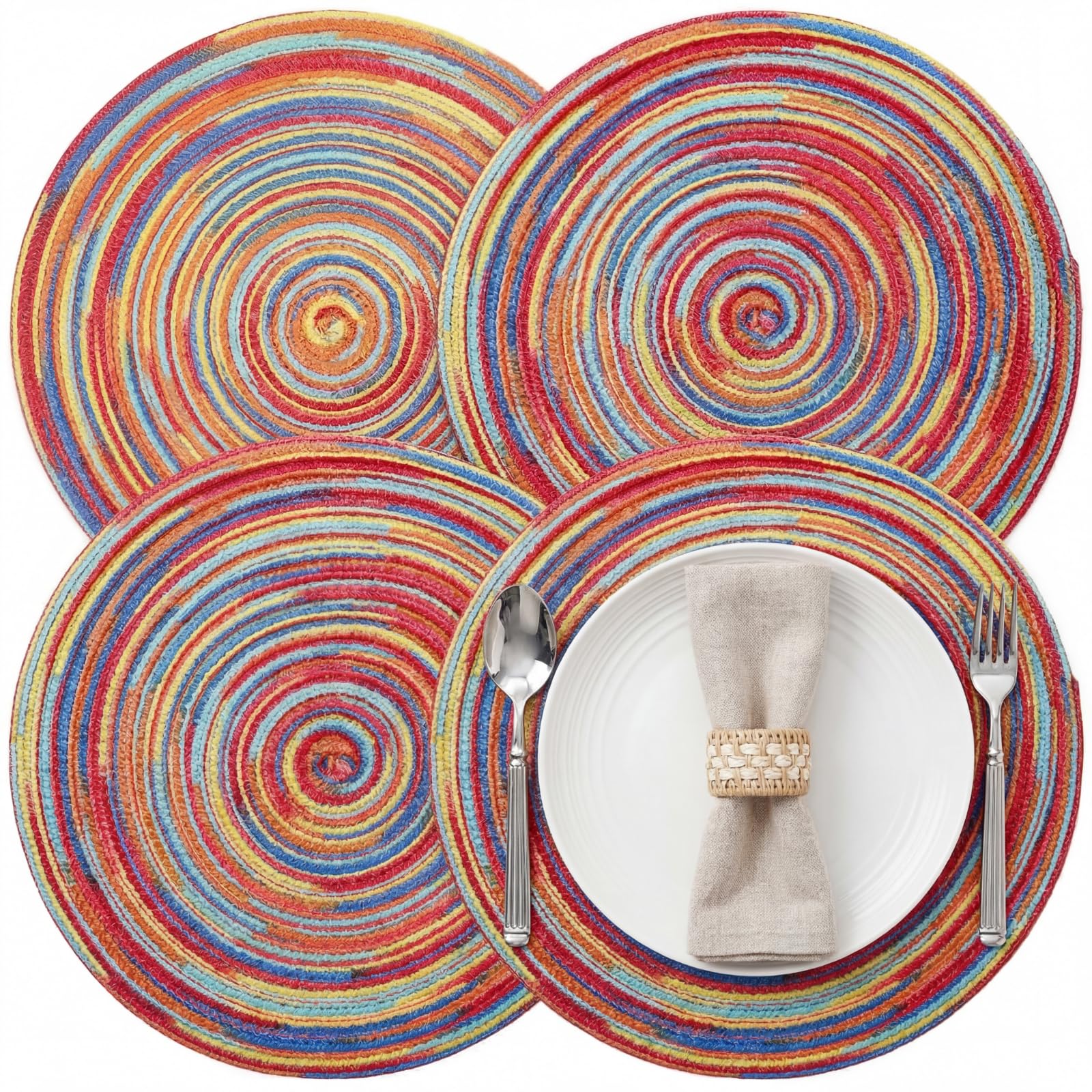 Moukeren 12 Inch Round Braided Placemats Set of 4, Colorful Placemats Rainbow Woven Heat Insulation Non-Slip Washable Boho Place Mats for Kitchen