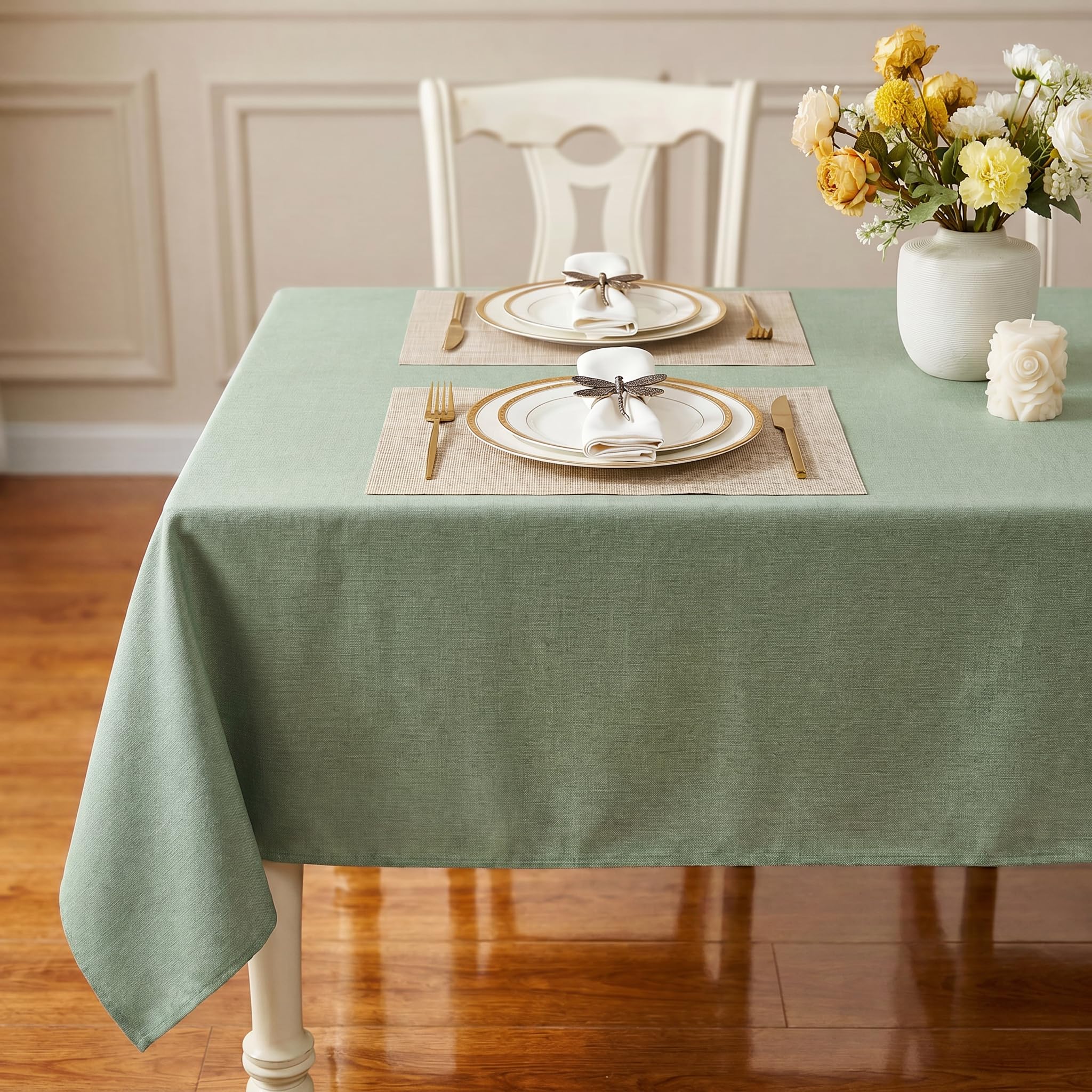 Photo 1 of IVAPUPU Textured Linen Table Cloth for Rectangle Tables - Sage Green Tablecloths Rectangular Waterproof Wrinkle Free Wipeable Dining Table Cover for Spring Wedding Birthday Kitchen Decor, 52 x 70 Inch