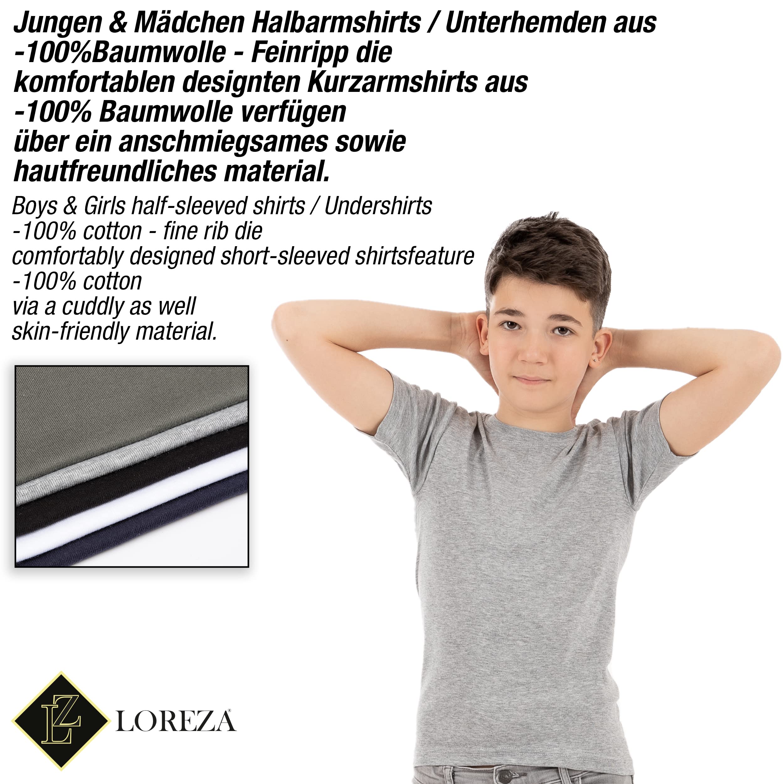 LOREZA ® 5 Maillots de Corps Enfants garçons Filles Manches Courtes T-Shirt 100% Coton Fines côtes Unisexe
