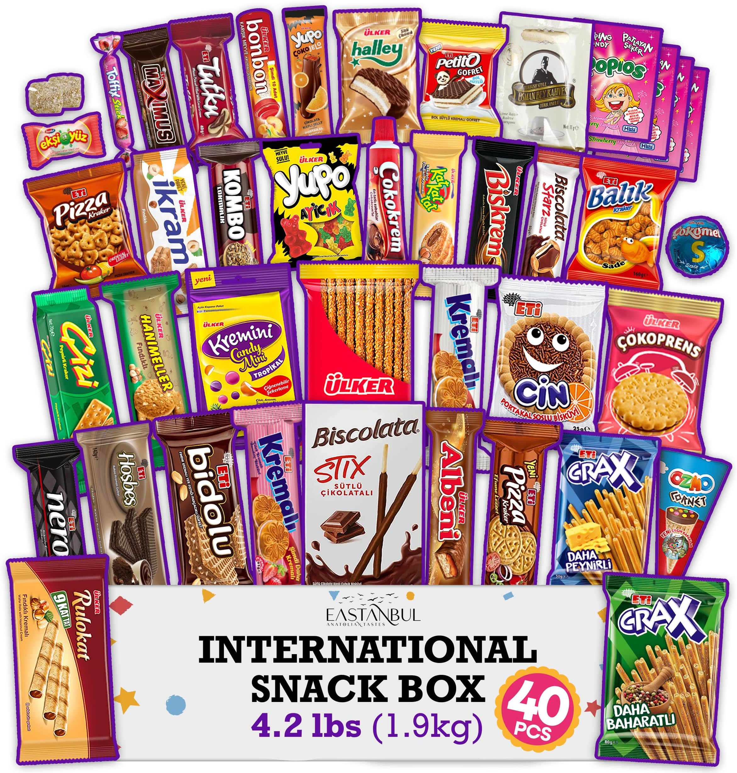 Eastanbul International Snack Box, Premium 40 Full-Size Foreign Snack Box, Exotic Turkish Snacks From Around The World International Snacks, Sweet, Savory, Chewy, Crunchy Snack Box (Maxi)