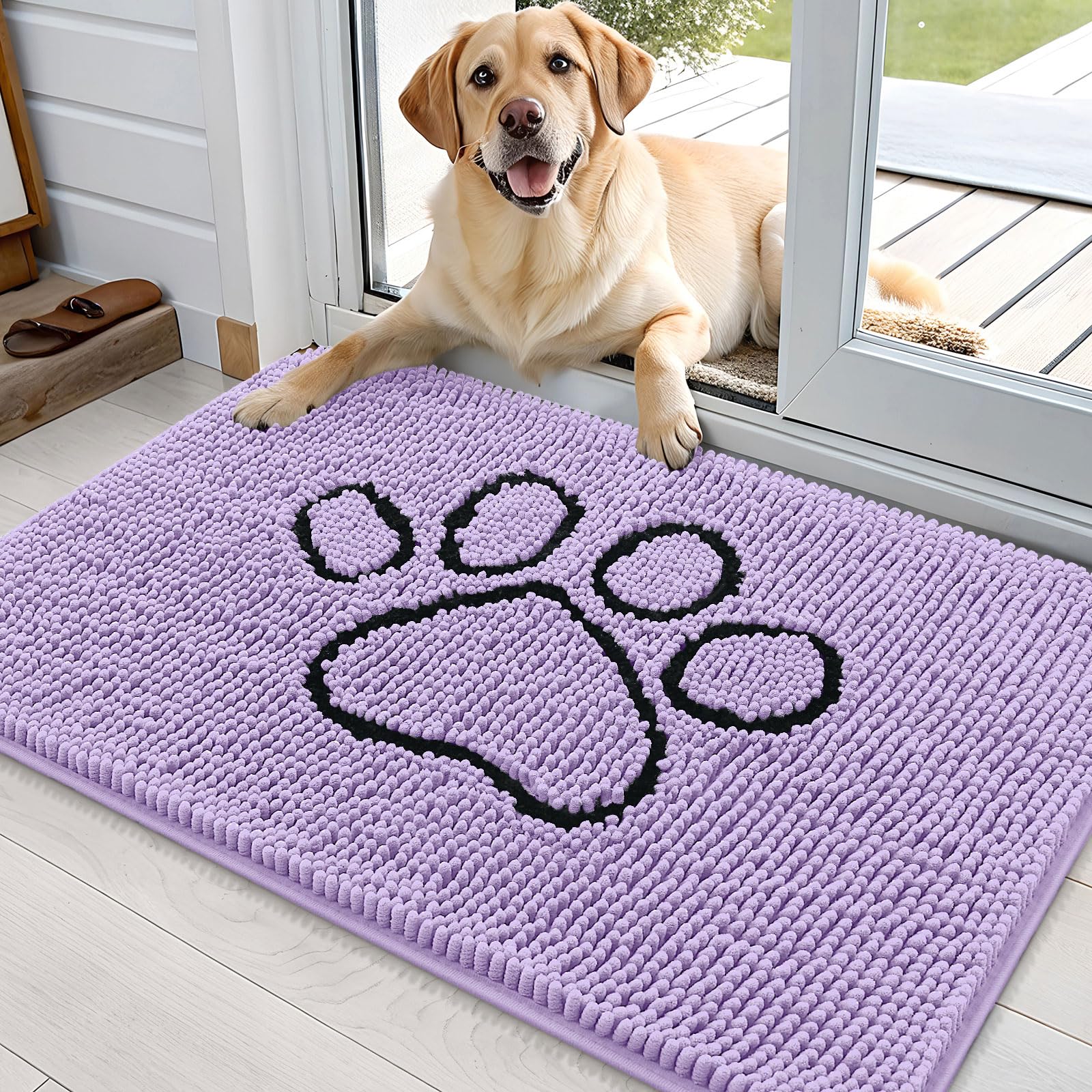 OLANLY Dog Door Mat for Muddy Paws 36x24, Paw Print Design Chenille Mud Mat