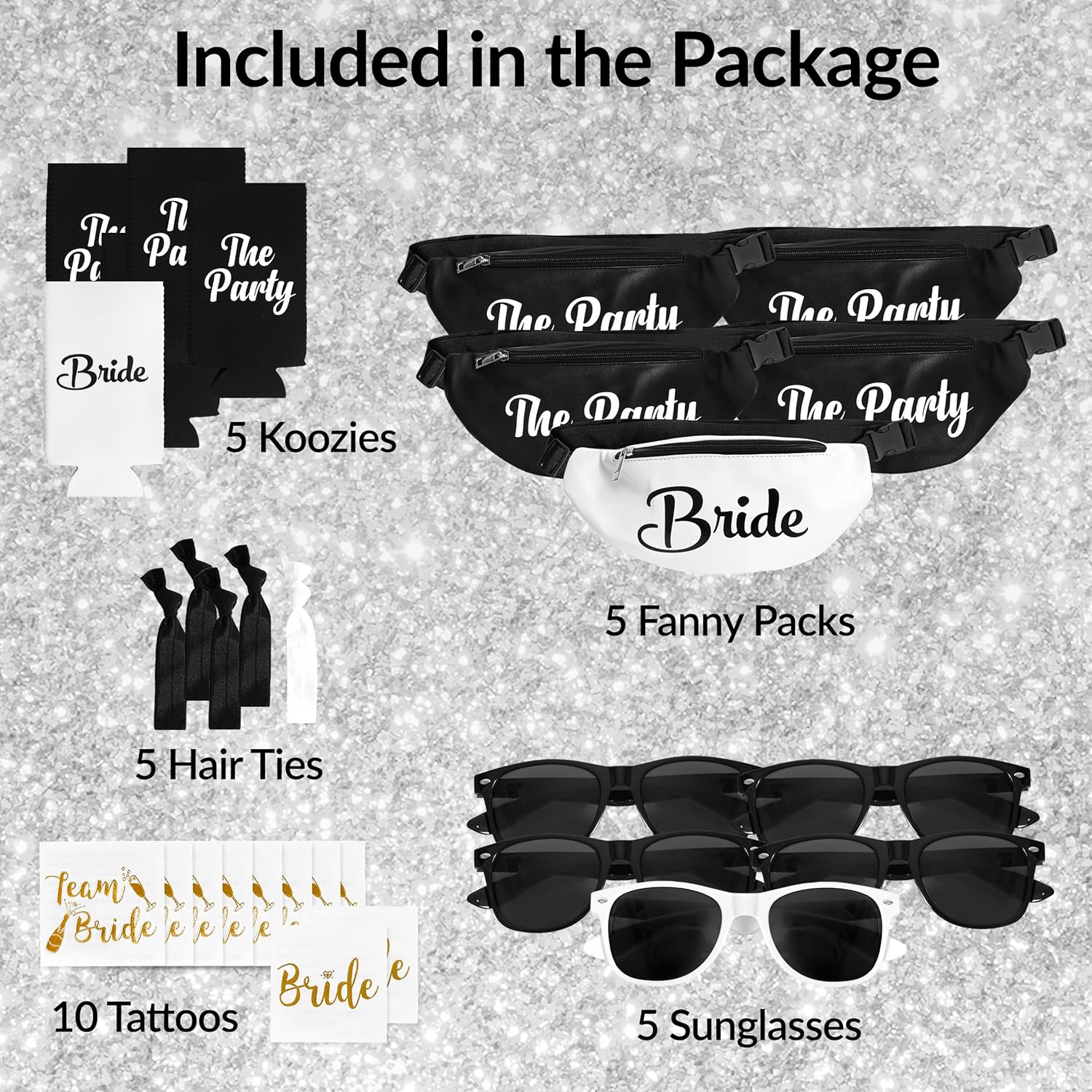Bachelorette Fanny Packs | 30 Pc - Set of 5 Bachelorette Party Favors & Accessories | 1 Bride Fanny Pack + 4 'Party' Packs | Bachelorette Party Kit with Sunglasses, Koozies & Bridal Accessories - Image 2