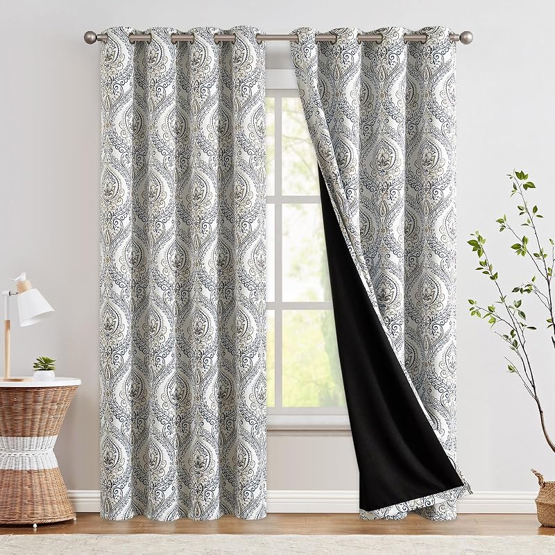 jinchan Yellow Blackout Curtains 84 Inch Damask Vintage Grommet 2 Panels | Room darkening darpes, floral, medallion print, linen textured, thermal insulated, bedroom, living room, window treatment