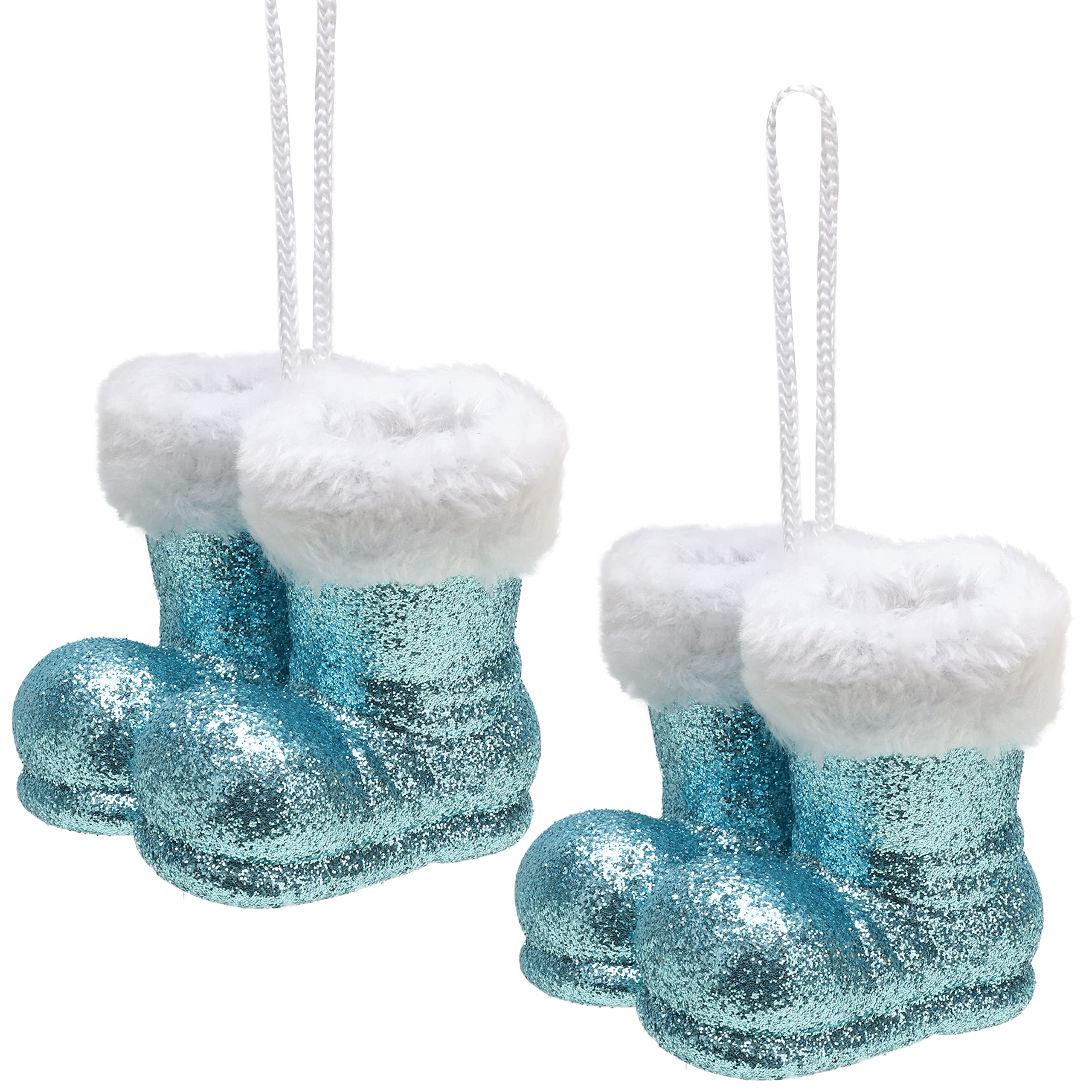 Christmas Concepts® Pack of 2–100mm (4") Glitter Hanging Santa Boots With White Fur Trim – Christmas Tree Trims/Baubles (Ice Blue)