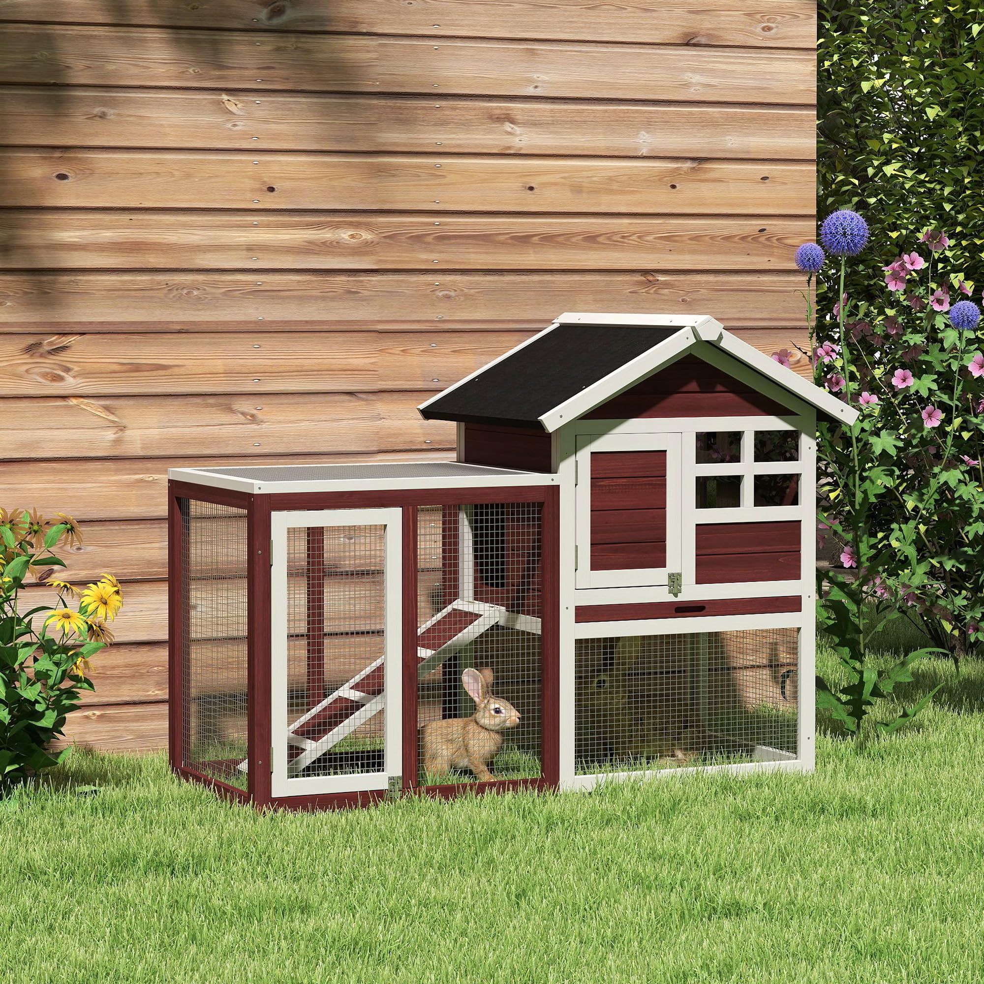 PawHut Kaninchenstall Mehrzweck-Kaninchenstall: obere Nische mit Rampe, Kotplatte, Fenster + sicheres Außengehege 2 Türen 122L x 63l x 92H cm Ziegelrot