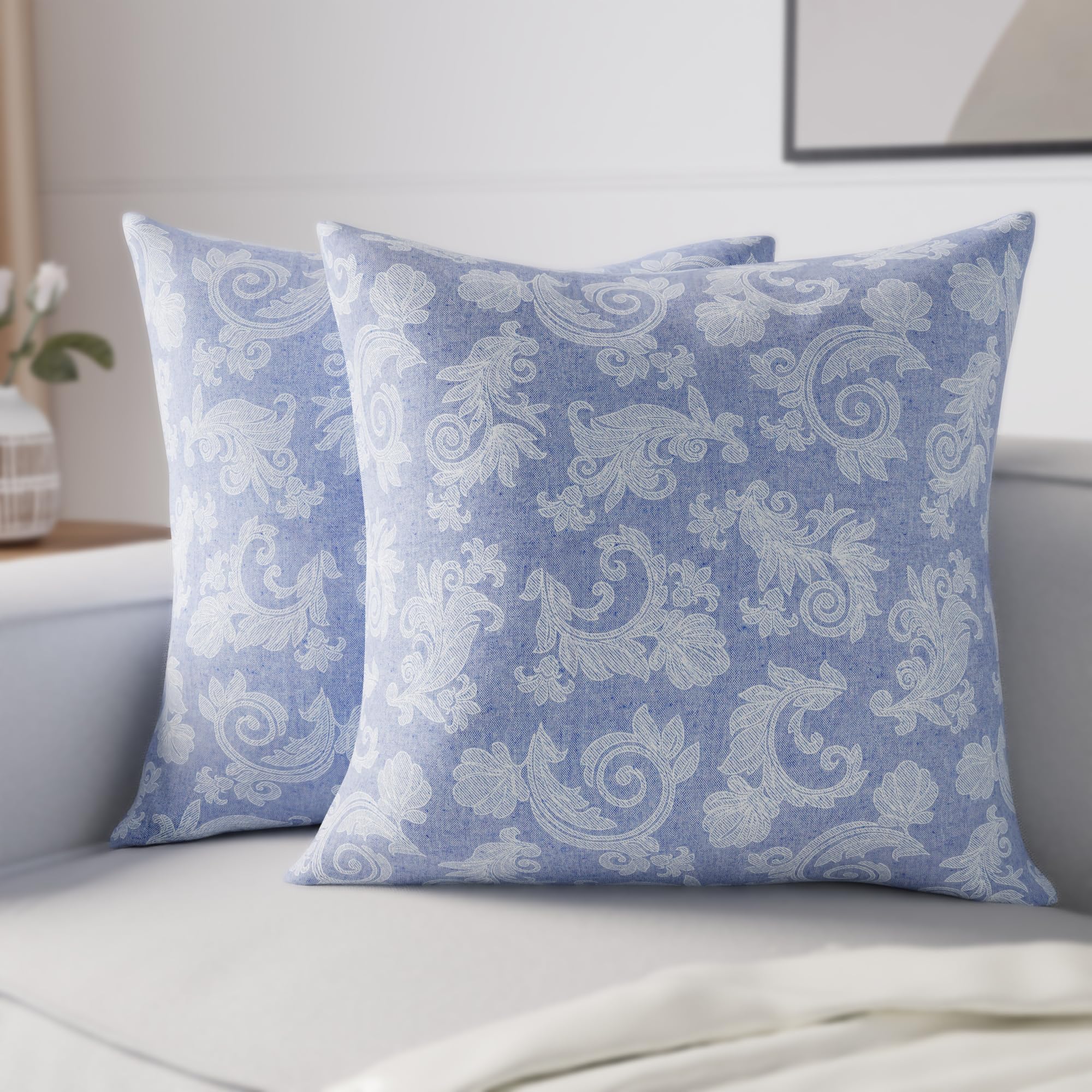 Encasa XO Chambray Cotton Floral Throw Pillow Covers | Blue (Set of 2) I 18"x18" (45x45 cm) I Covers Only, No Insert I Decorative Floral Square