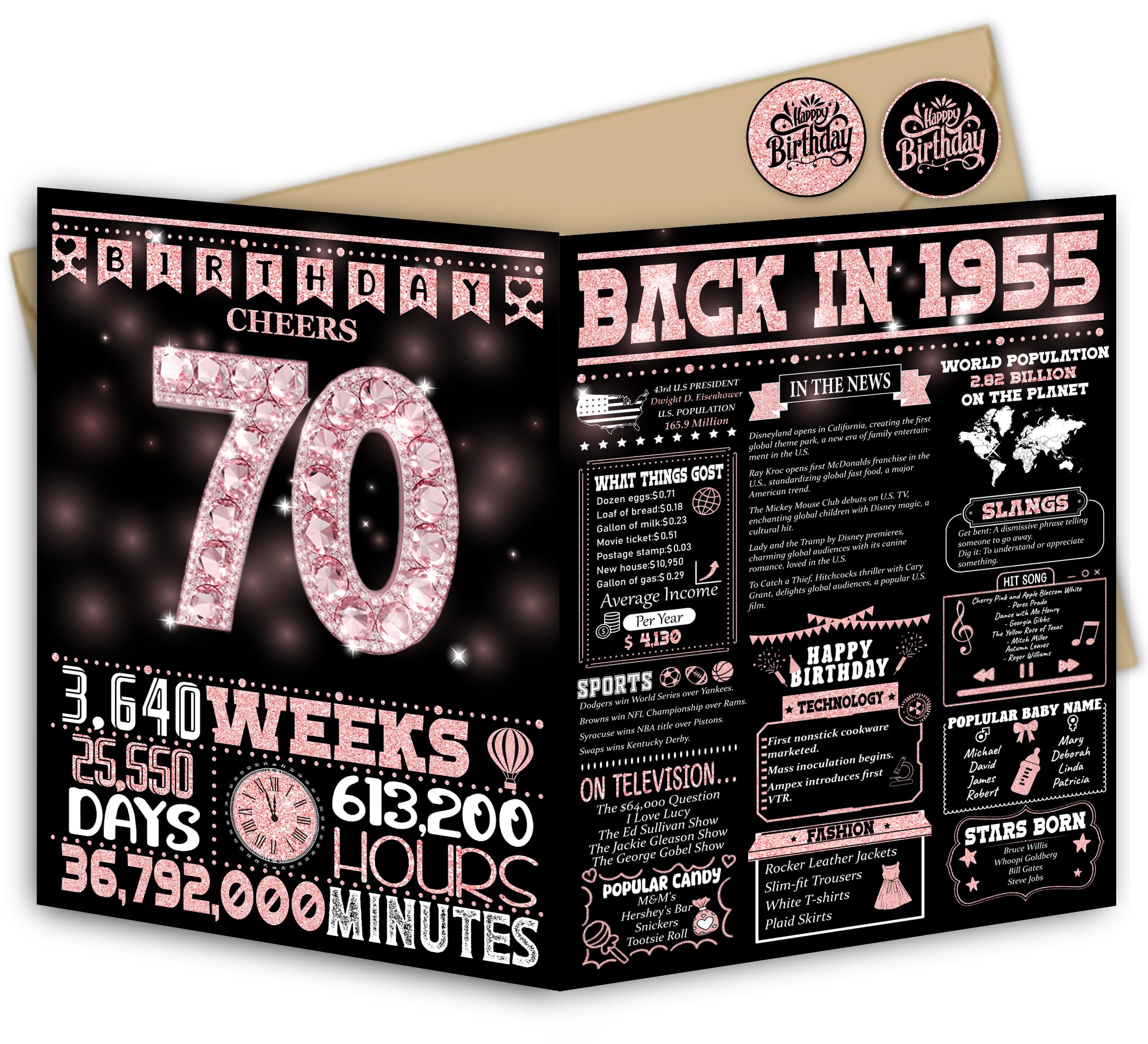 Blazeon 70th Birthday Card for Women Her, 70th Pink Diamond Birthday Card Gifts for Girls, Happy 70 Year Old Birthday Decorations, Double-Sided