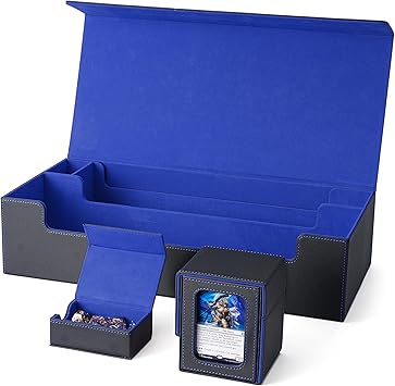 Venssu MTG Deck Box Holds 5 Display Card Deck Boxes with Playmat and Dice Box,Includes 10 colorful dividers and 1 card supporter, Trading Card Storage Box For Magic Game CardsBlack and Blue