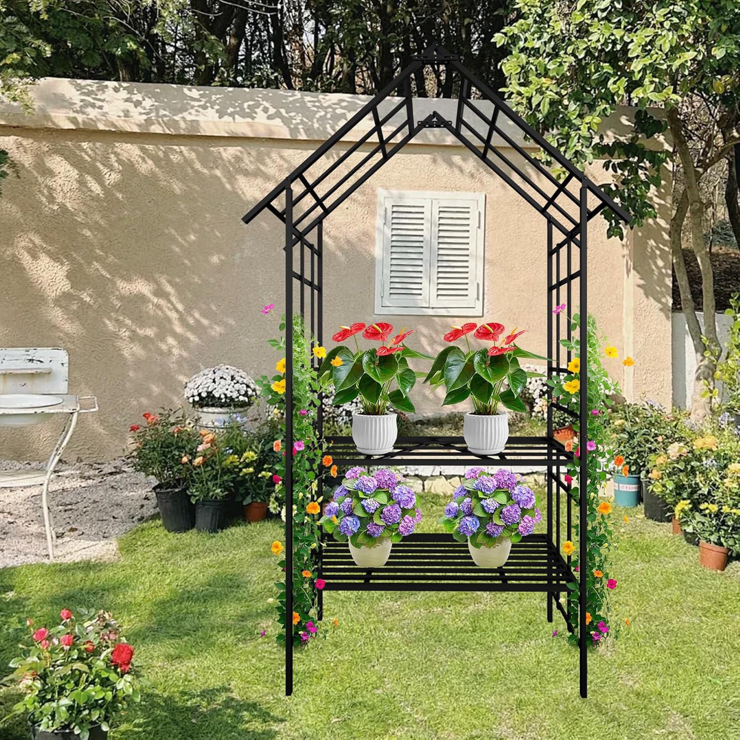 Garden Arch with Gate W58 x 97" H Metal Arch Trellis Outdoor for Climbing Plants Support Vines Rose, Wedding Archway Decoration, Black (Bench)