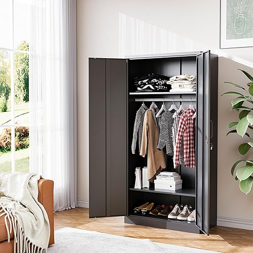 Miniatura 2 de Armario de almacenamiento de metal de 72 pulgadas con bloqueo de metal con barra colgante para oficina, hospital, requiere montaje (negro)