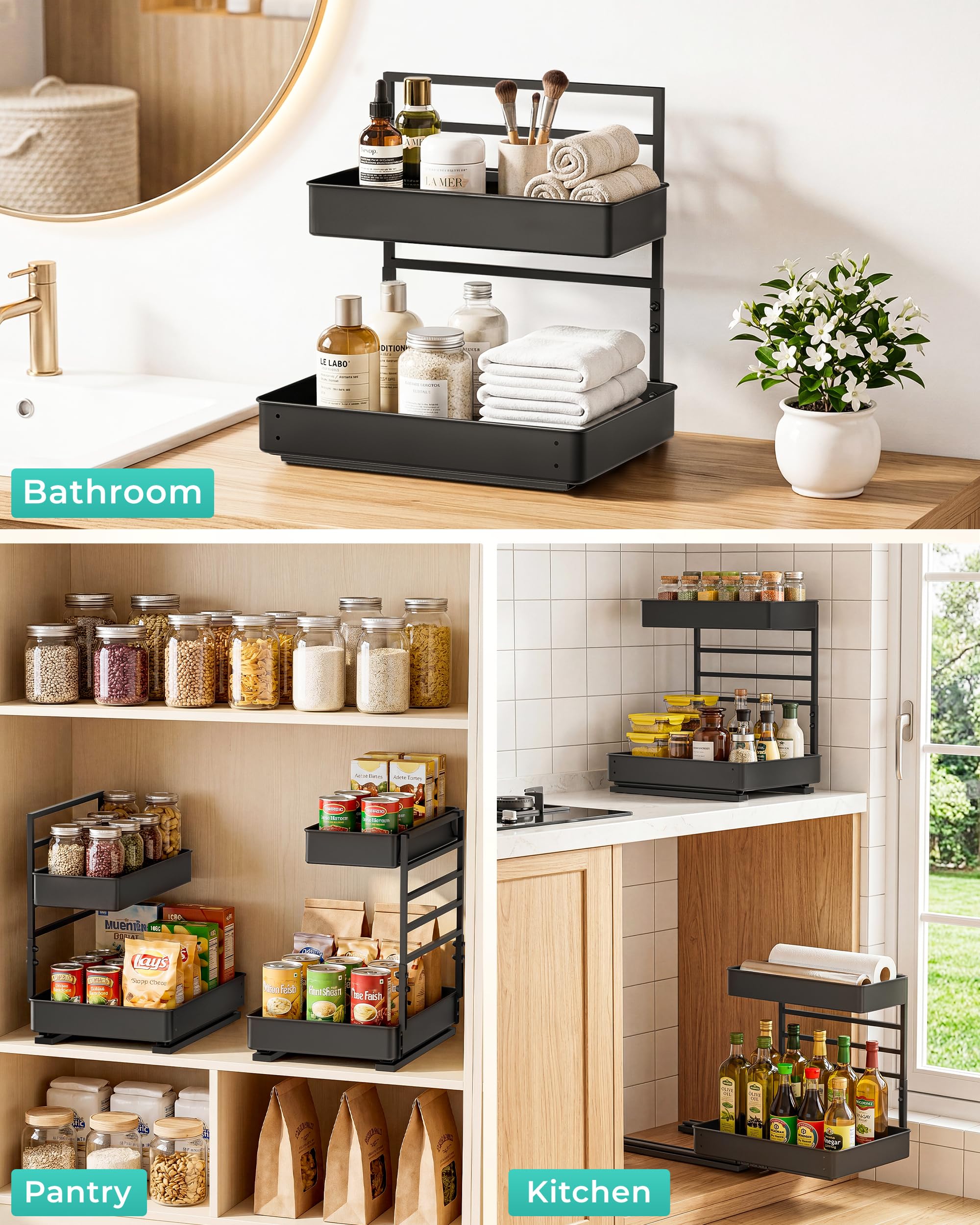 Everie Ausziehbares Regal für die Organisation unter der Spüle in Küche, Bad, Theke, Schränke (schwarz, 1 Set)