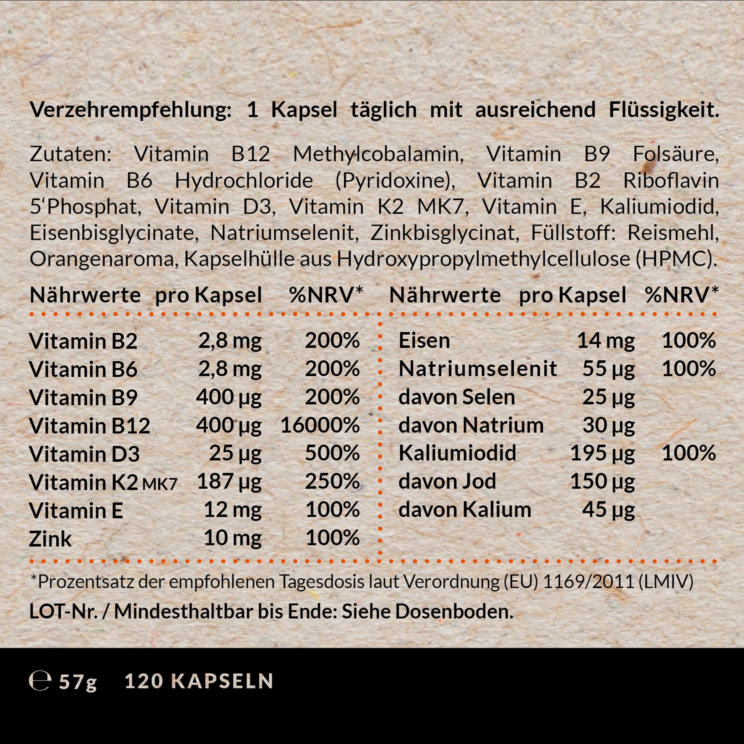 Vegan Every Day - Multivitamin Mineralstoff Komplex- Hochdosiert - 120 Kapseln - Deutsche Qualität - Laborgeprüft - B12+B2+B6+B9 Folsäure+D3+K2+E+EISEN+JOD+KALIUM+NATRIUM+SELEN+ZINK (Packung mit 2)