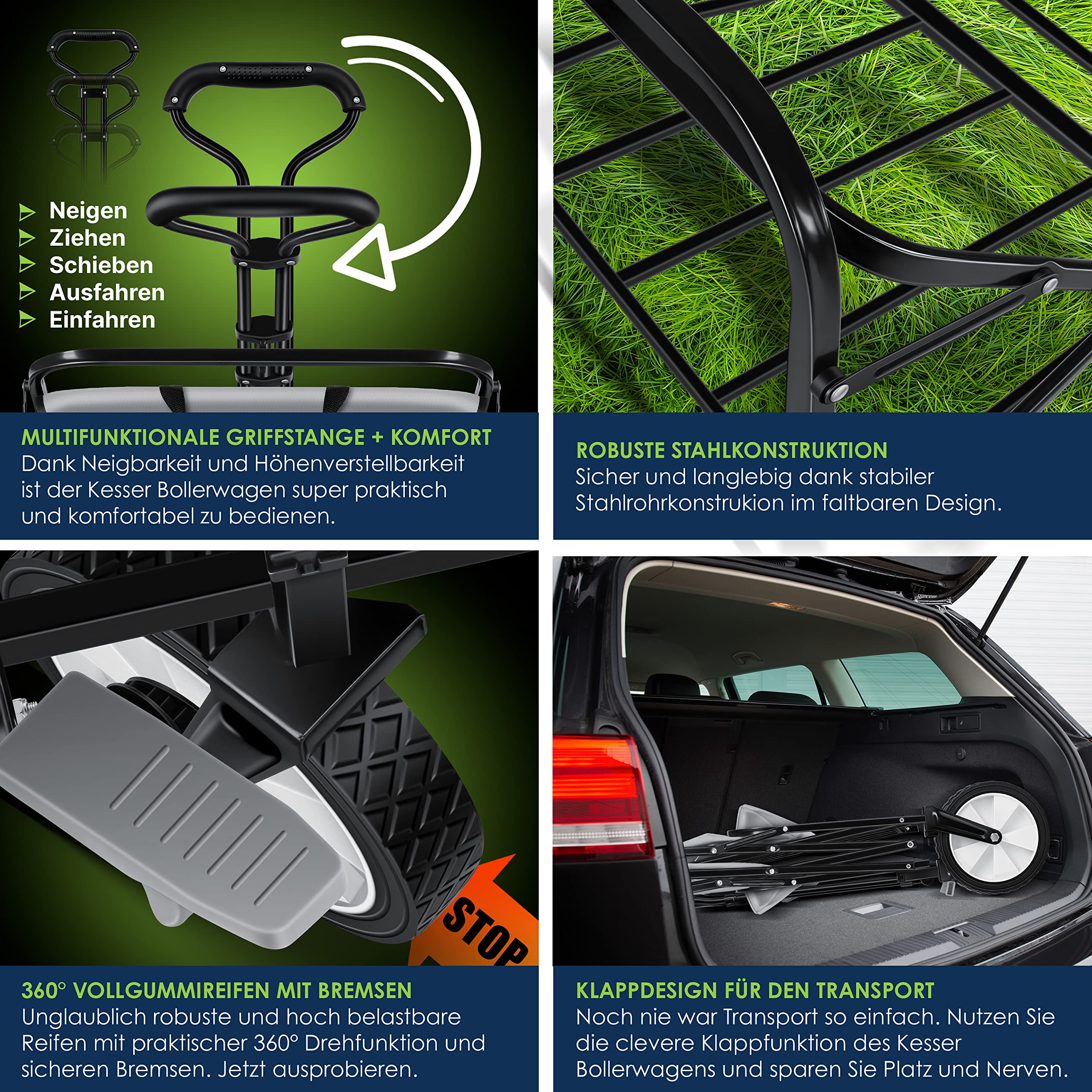 KESSER® Bollerwagen faltbar Handwagen Transportkarre max. 150kg Tragkraft & 360° PVC-Reifen Gerätewagen inkl. 2 Netztaschen, Seitentasche & Abdeckung Transportwagen Gartenanhänger ohne Dach, Grau