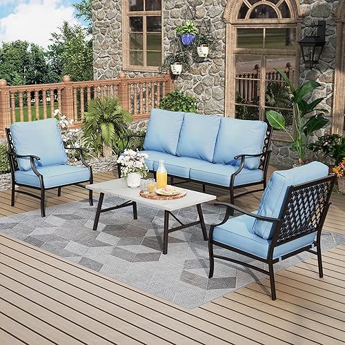 Patio Furniture Set 4 pcs, Metal Outdoor Patio Furniture, 3-Seat Sofa, 2 Single Chairs, Metal Coffee Table and 5.75" Extra Thick Cushion, Patio Conversation Set for Garden Backyard Deck,Blue