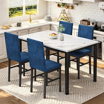 DKLGG Dining Table Set for 4, Faux Marble Kitchen Table with Velvet Upholstered Dinner Chairs, Small Dining Room Sets for Small Space Apartment Home