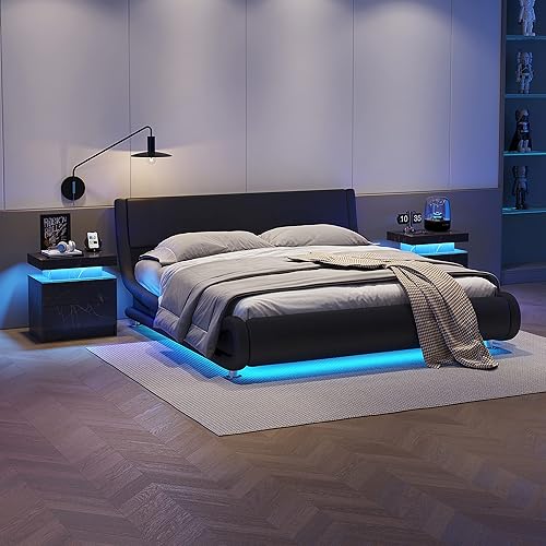 Miniatura 40 de Mesitas de noche LED, mesa auxiliar moderna con 2 cajones, muebles de dormitorio LED para dormitorio y sala de estar, gris 2-Gris,Gris,Negro,negro,