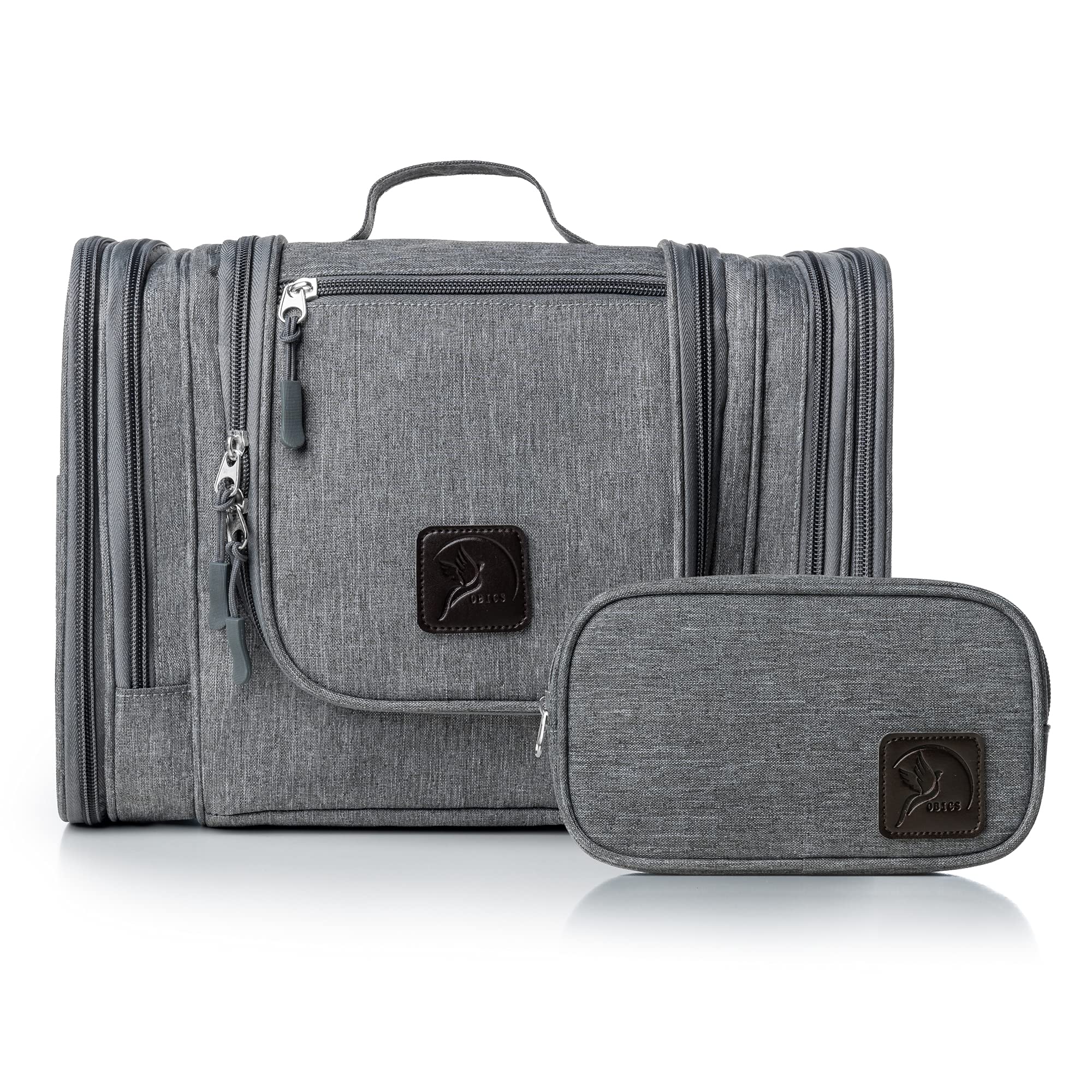 Obics Kulturbeutel Herren & Damen Gross grau 8L XL - Kulturtasche zum Aufhängen & mit Spiegel - Toiletten-Tasche mit Henkel hängend - Kosmetik-Beutel groß - Waschtasche 10 Fächer für Camping Reisen