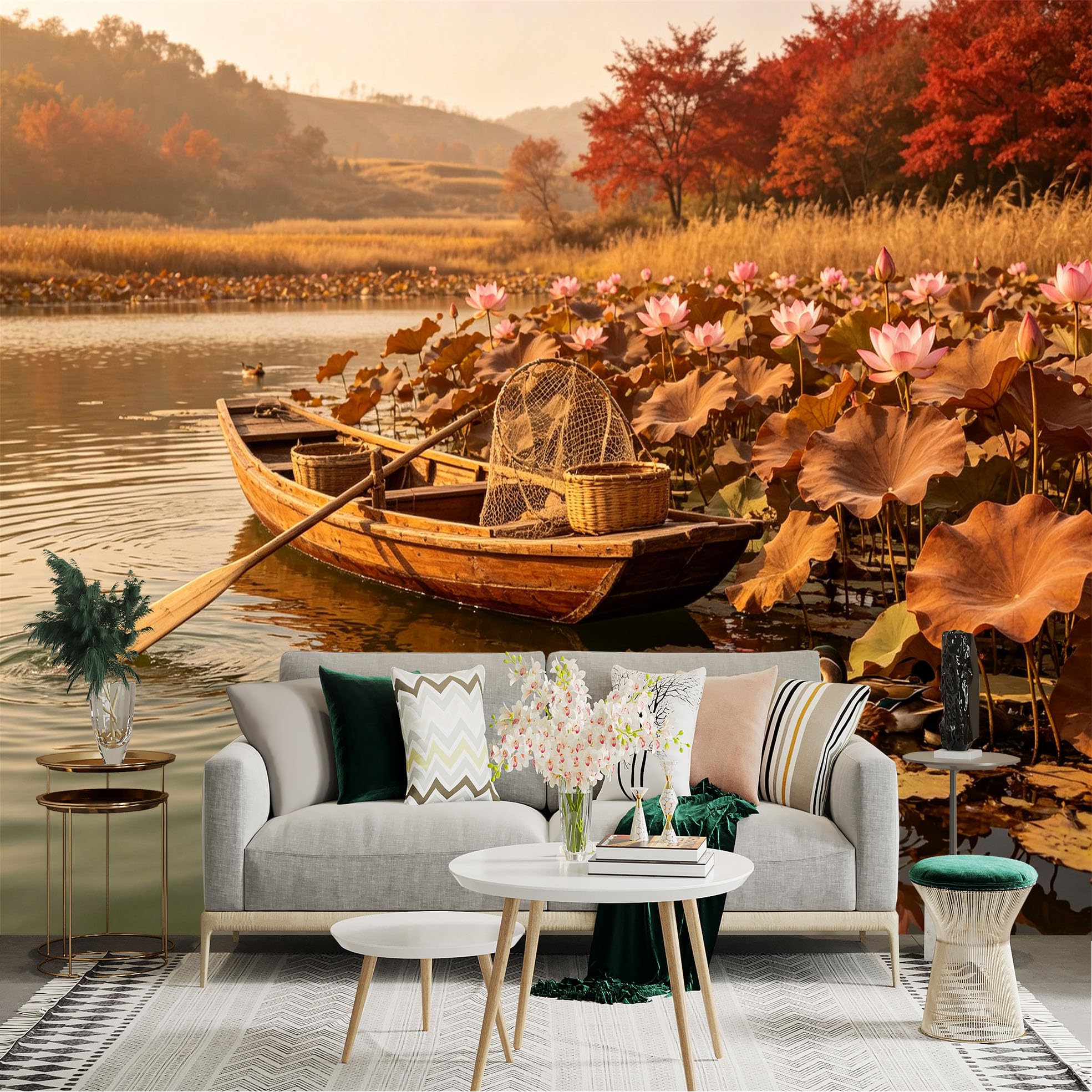 Custom Size Wall Sticker Mural， Scenic Lotus Pond， Wooden Fishing Boat， Autumn Landscape with Ducks， for wall Decoration， peelandstick wall Decals.