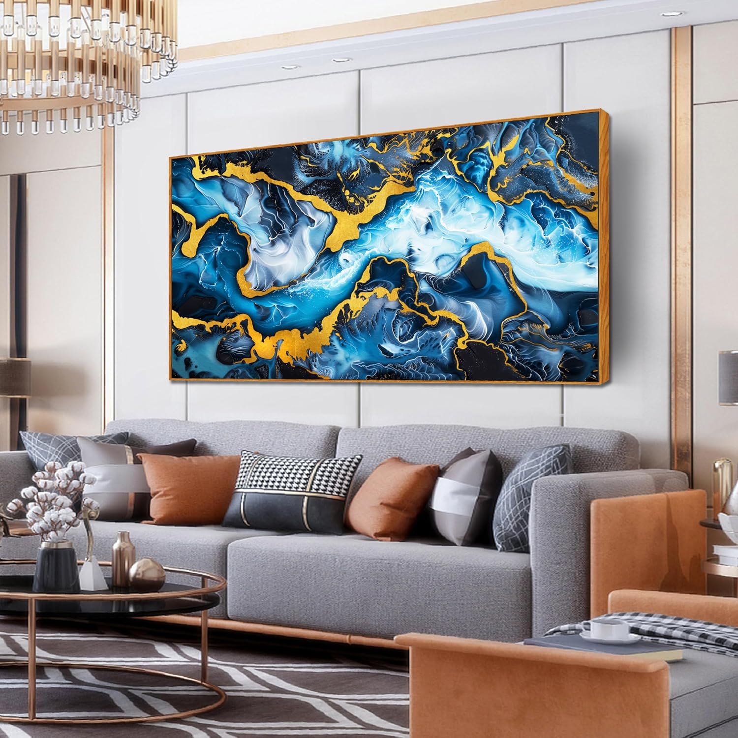 Framed Wall Art for Living Room, Abstract Ocean Wave Canvas Wall-Decor for Bedroom, Black and Gold Print for Home, Size 29x59 Inches