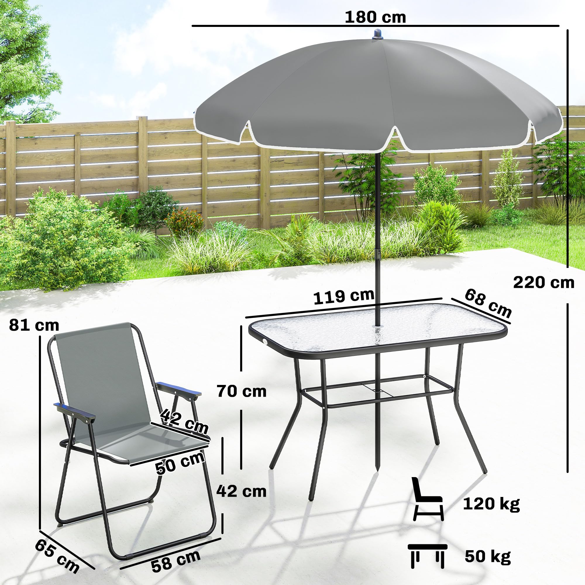 Outsunny Salon de jardin extérieur 8 pièces, table de jardin extérieure avec 6 chaises Pliantes et parasol, plateau en Verre Trempé, structure en acier anti-rouille, mobilier de jardin, terrasse, Gris
