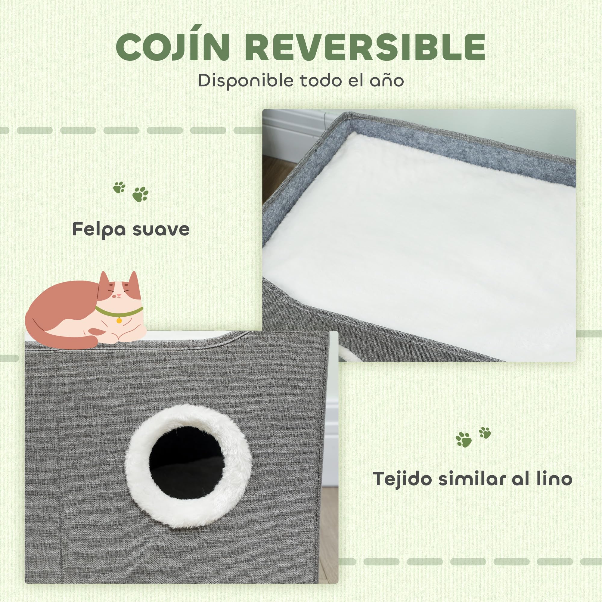 PawHut Casa para Gatos Plegable, Cama para Gatos con Rascador, 3 Entradas, Bola Colgante, Cojín Reversible en Felpa y Tipo Lino, para Interior, 60x40x34 cm, Gris