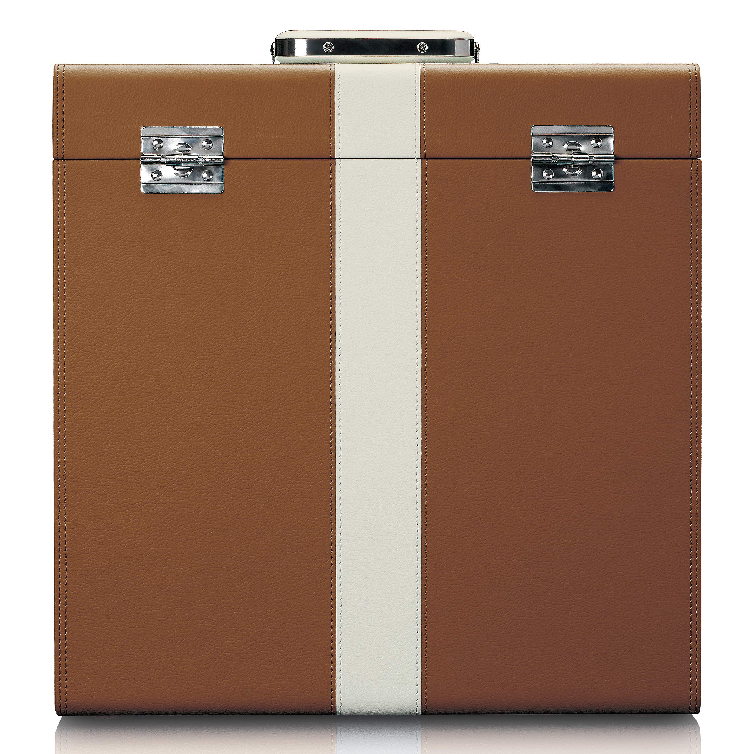Lenco 810063 classic phono tta-301 - custodia per 30 dischi in vinile con maniglia per il trasporto e fibbia in metallo, fodera protettiva in velluto marrone/bianco