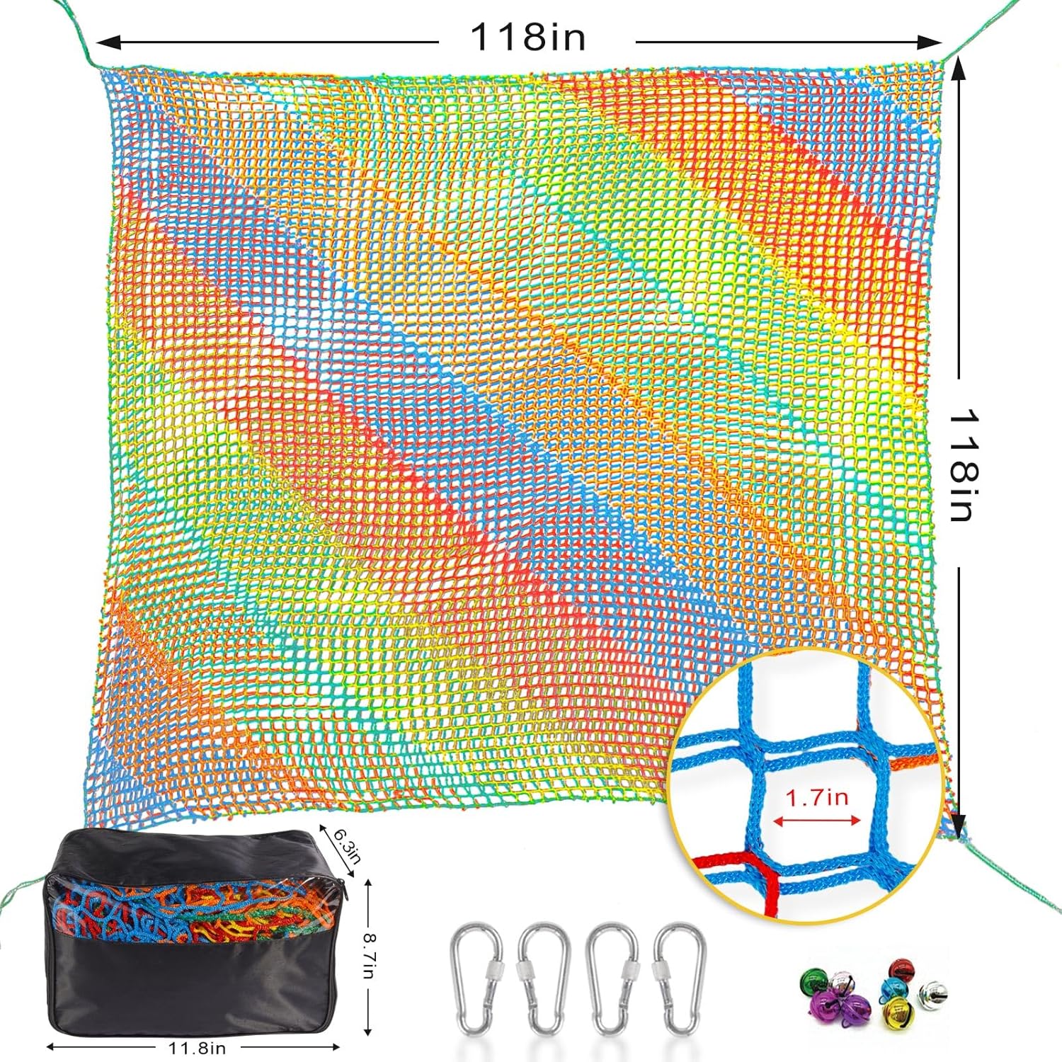Kids Playground 9.8 x 9.8Ft Climbing Cargo Net - Kids Playground Safety Net,Polyester Double Layers Rope Bridge Net for Tree House and Outdoor Adventure（Rainbow）
